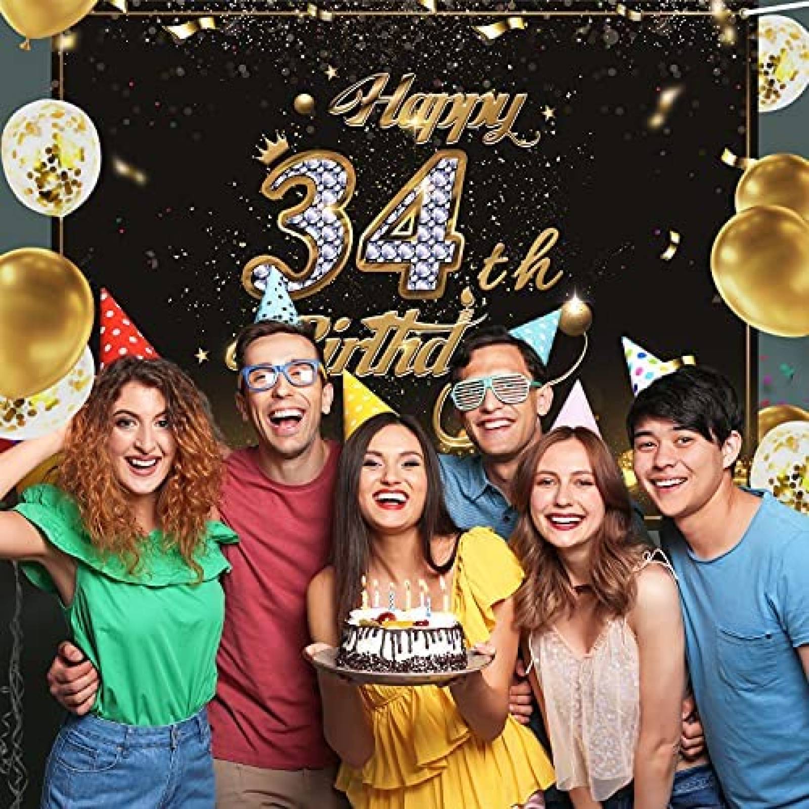 Fondo foto Gatherfun Cumpleaños 34 x10 globos -Negro/dorado