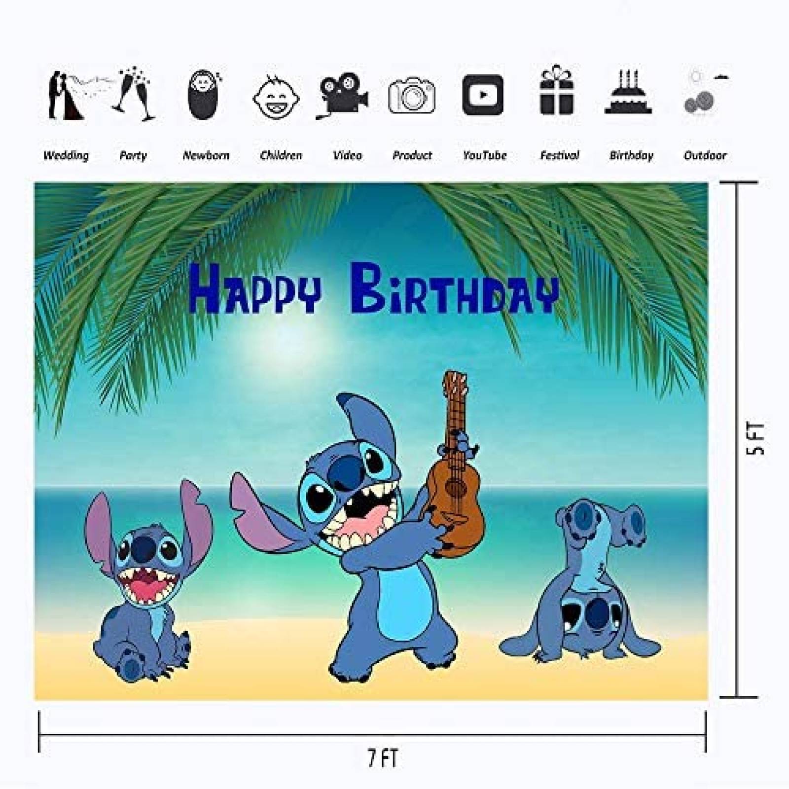 Fondo Fotografia VV Backdrop Feliz Cumpleaños Stich Tropical