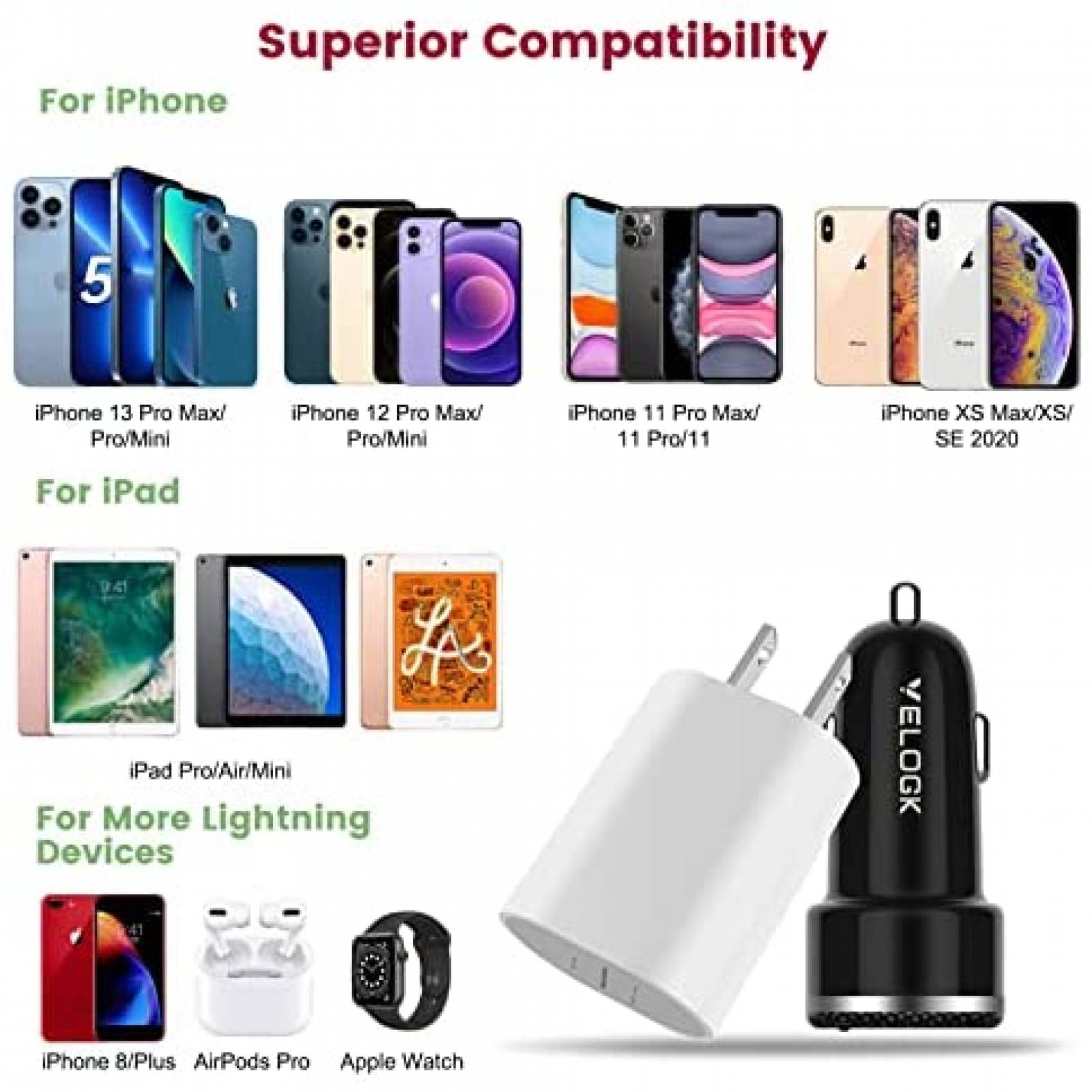 Kit de cargador VELOGK carga rapida para iPhone 20 W -Negro