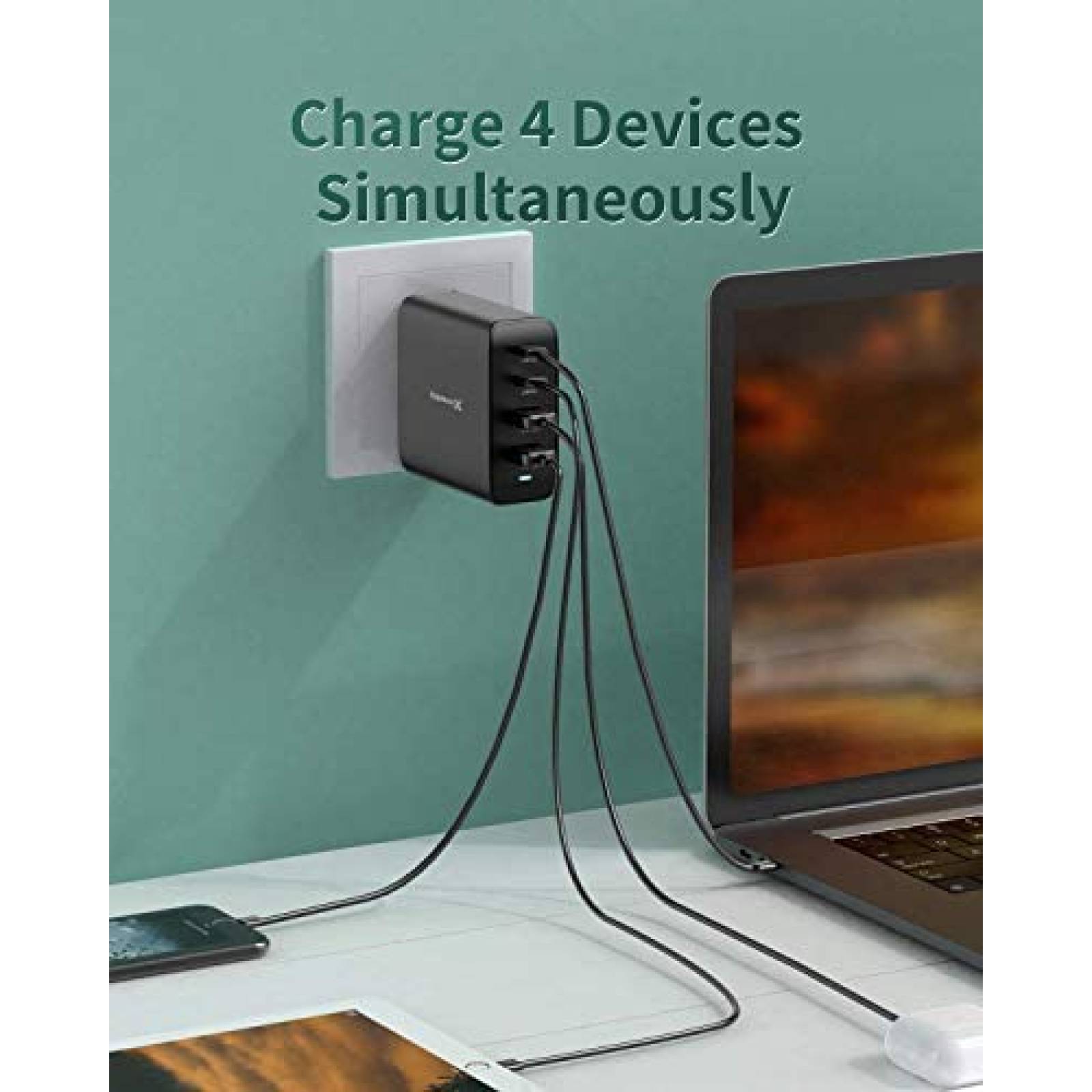 Cargador de Pared Hyphen-X de 4 Entradas USB/USB C -Negro