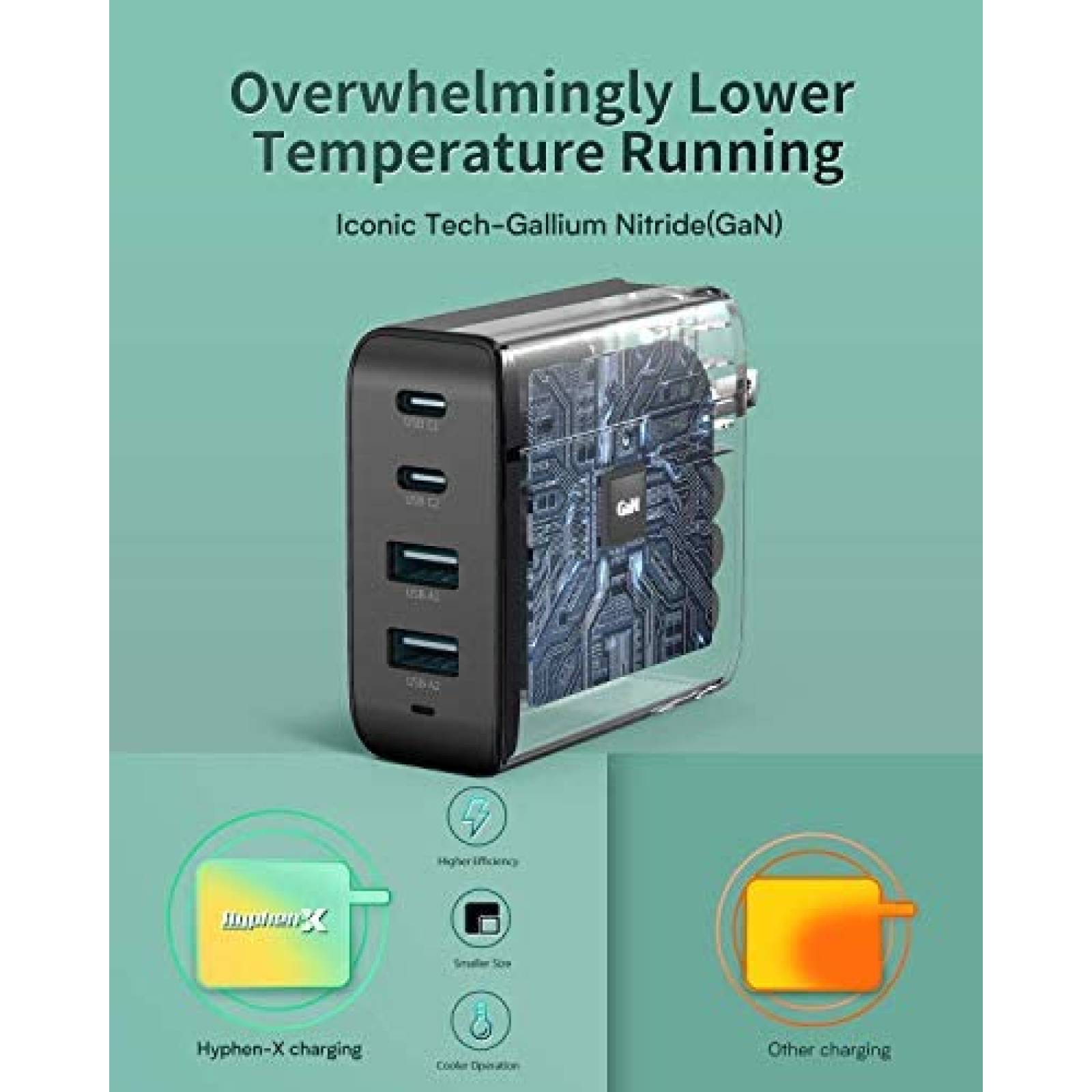 Cargador de Pared Hyphen-X de 4 Entradas USB/USB C -Negro