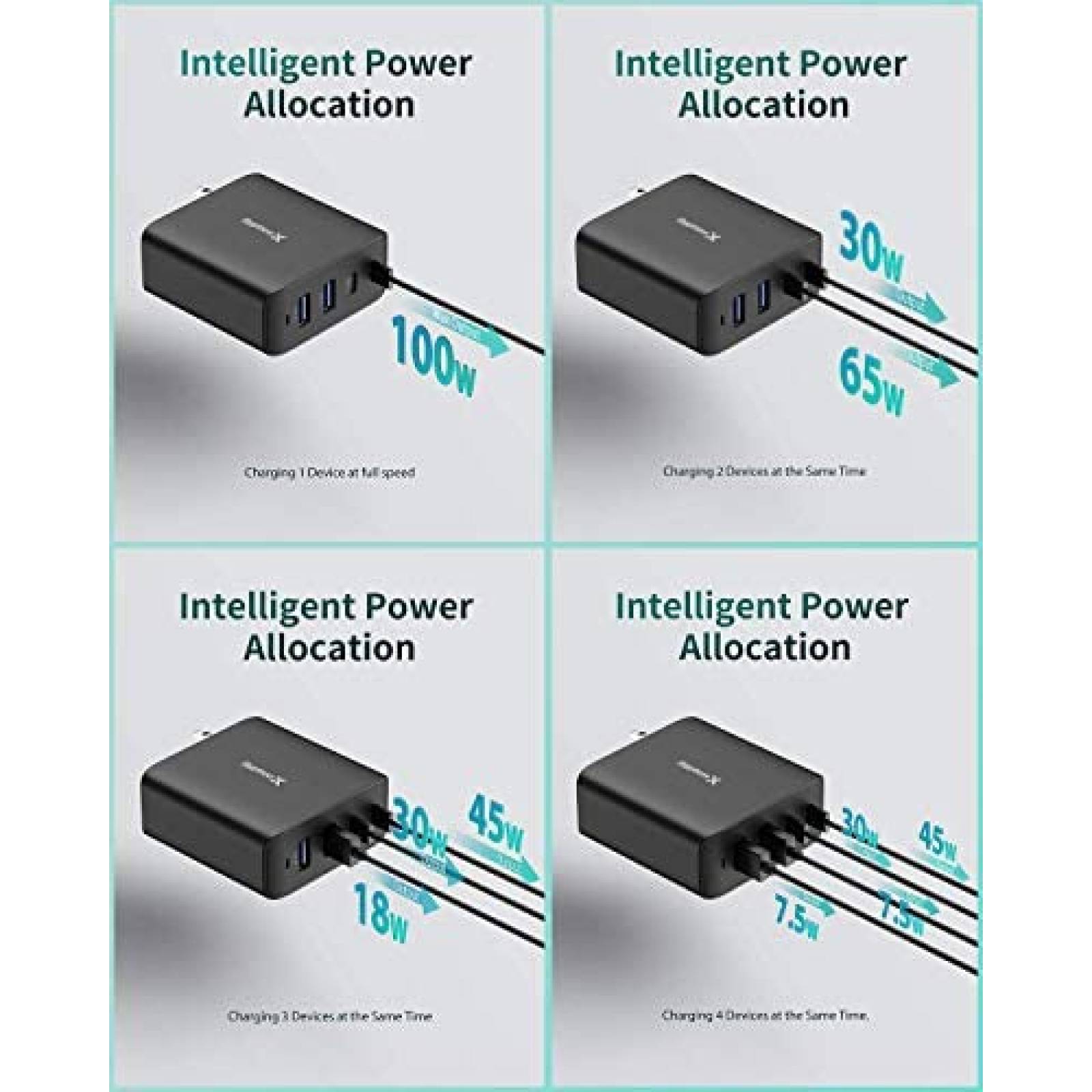 Cargador de Pared Hyphen-X de 4 Entradas USB/USB C -Negro