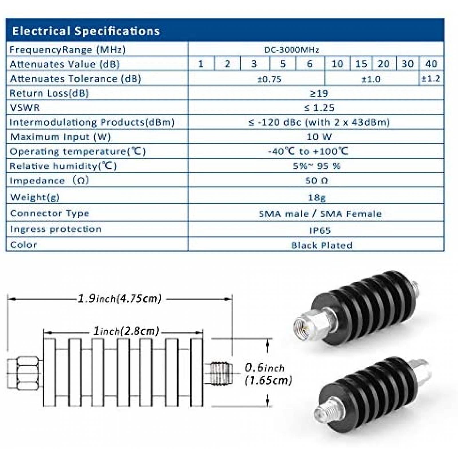 Atenuador ZDTECH SMA macho a SMA hembra coaxial RF -Negro