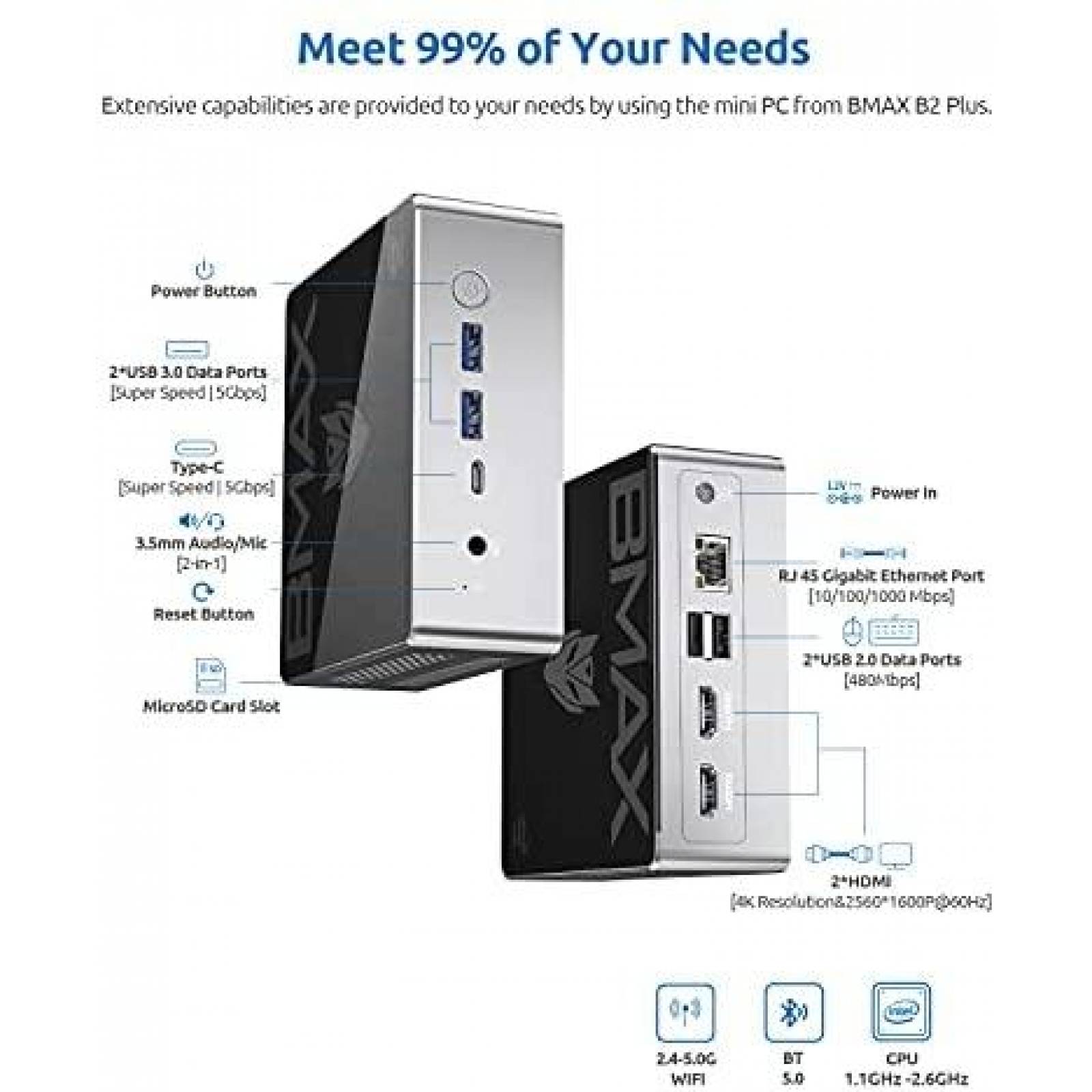 Mini PC Bmax J4115 Wi-Fi HDMI USB 3.0 Win10 4K 60Hz 8GB