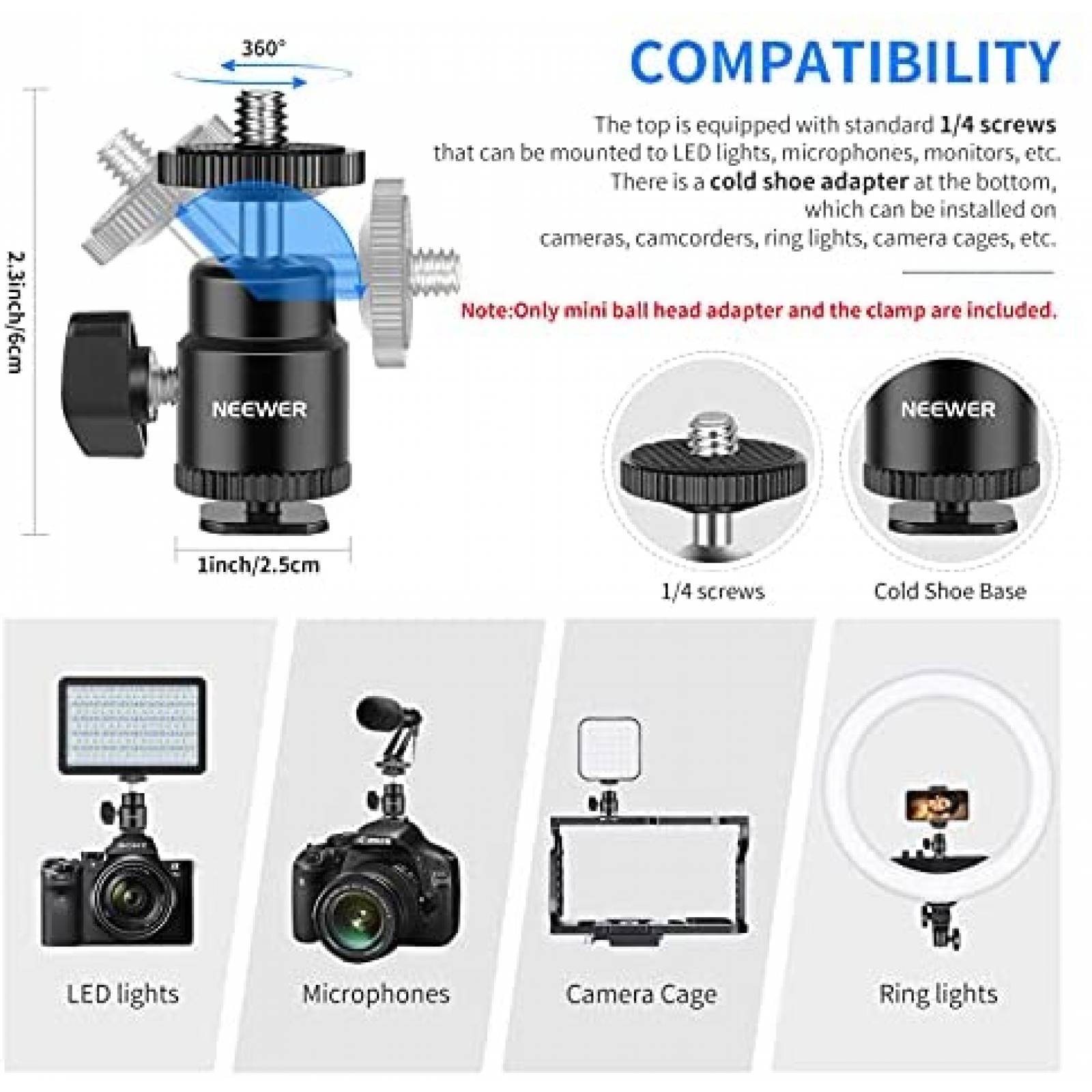 Abrazadera Neewer Montaje Cabeza Esferica Tornillo 1/4"