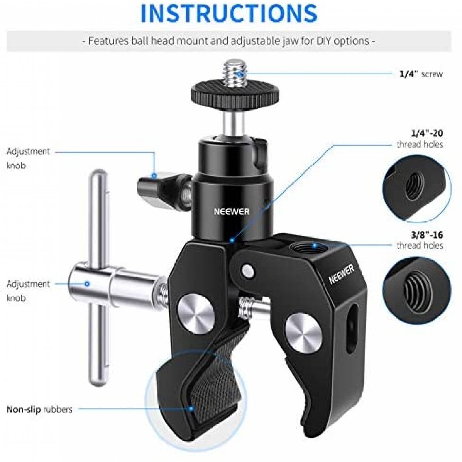 Abrazadera Neewer Montaje Cabeza Esferica Tornillo 1/4"