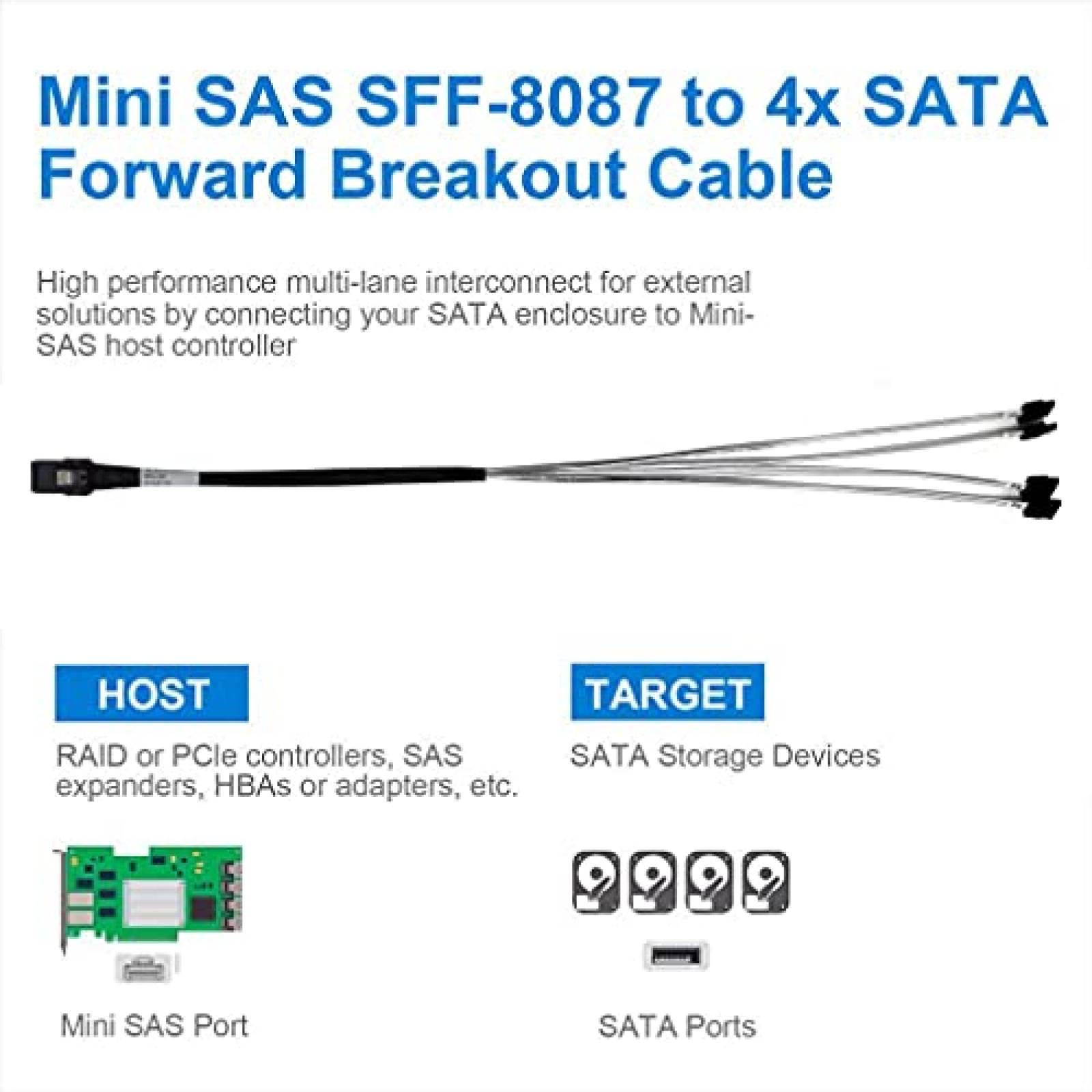 Cable SATA 10Gtek SFF-8087 Macho a 4X SATA de 0.8M -Negro