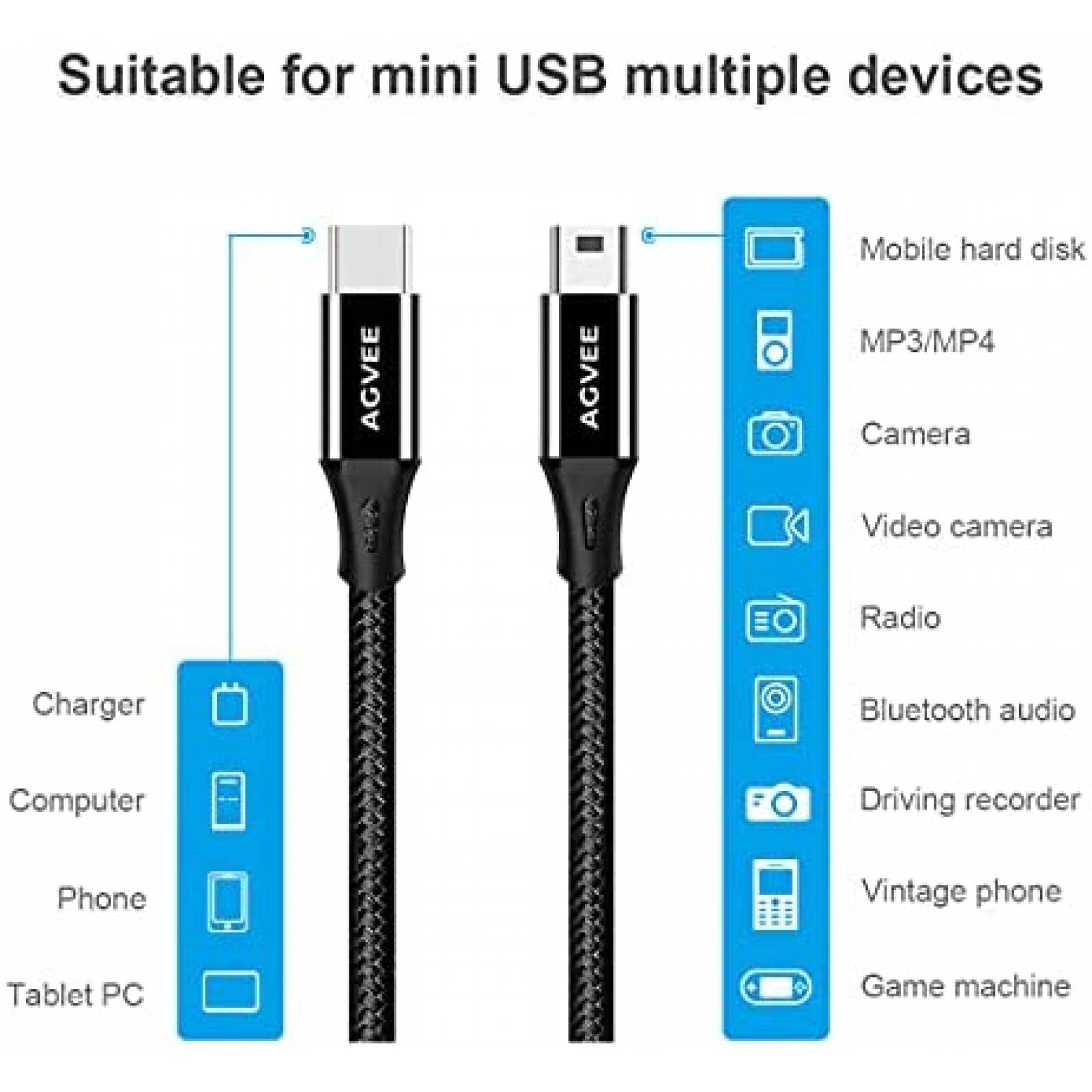 Cable AGVEE 2 Pzs 10 FTCarga USB-C a Mini USB -Negro