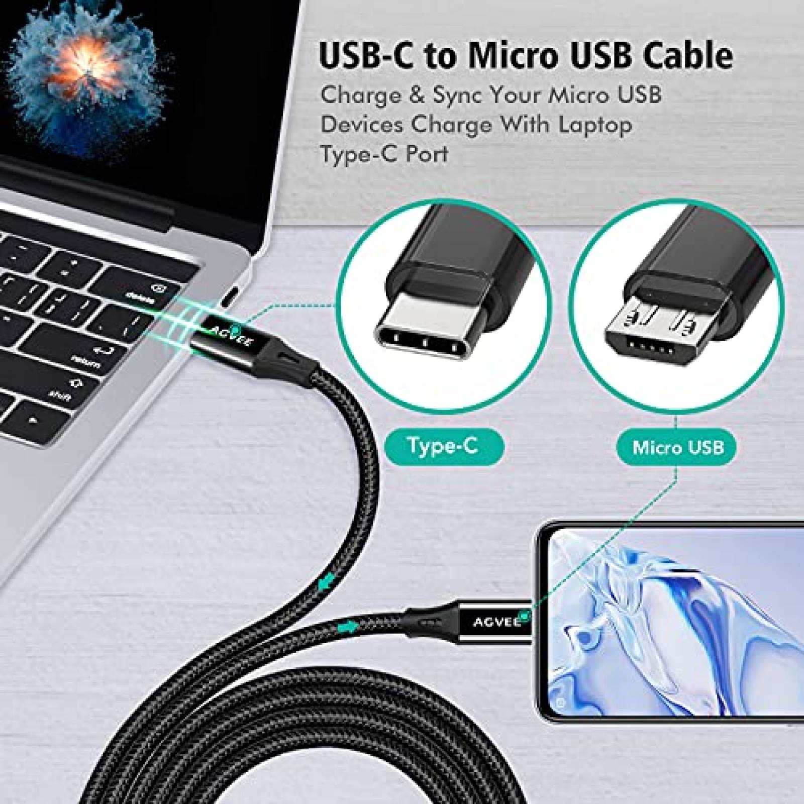 Cable AGVEE USB C a Micro USB de 1 Pies 2 Pzs -Negro