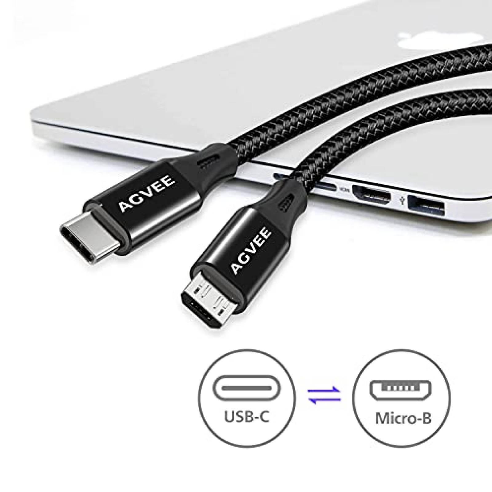 Cable AGVEE USB C a Micro USB de 1 Pies 2 Pzs -Negro