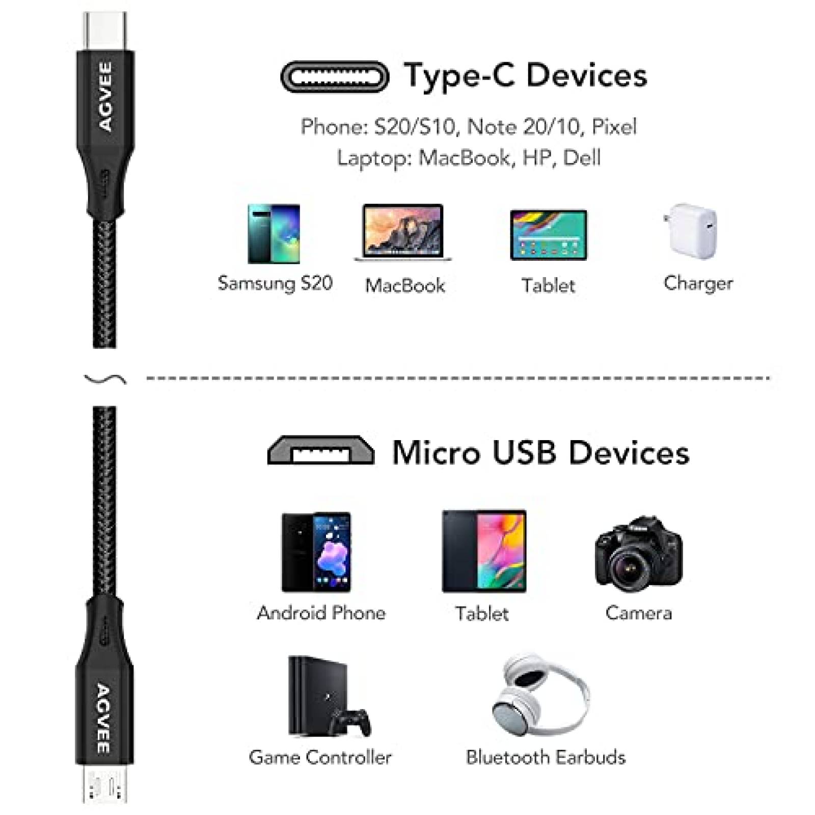 Cable AGVEE USB C a Micro USB de 1 Pies 2 Pzs -Negro