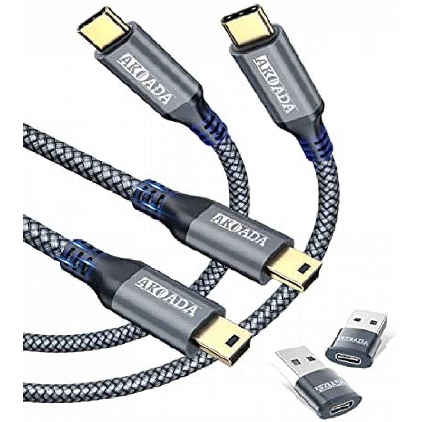 Cable USB AkoaDa Mini B a USB C de 10 ft Paquete de 2 -Gris