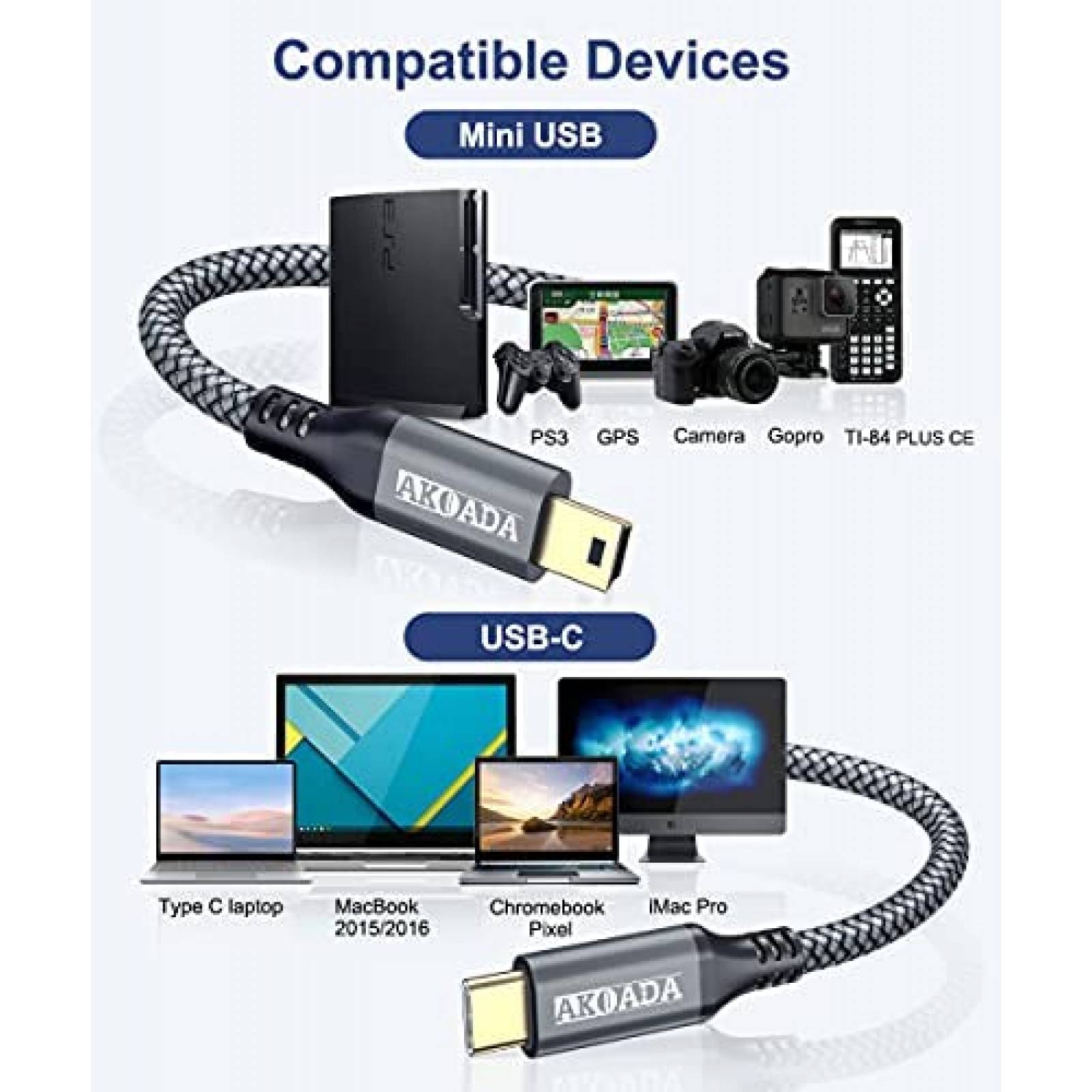 Cable USB AkoaDa Mini B a USB C de 10 ft Paquete de 2 -Gris