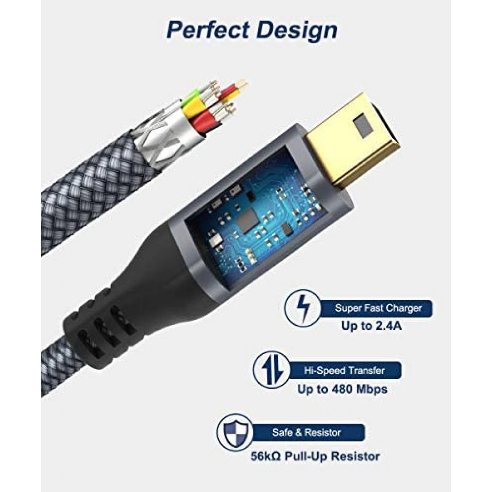 Cable USB AkoaDa Mini B a USB C de 10 ft Paquete de 2 -Gris