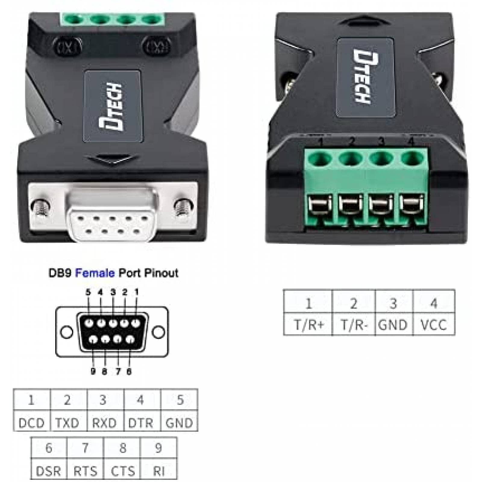 Adaptador DTech para Conector RS-232 a RS-485 -Negro