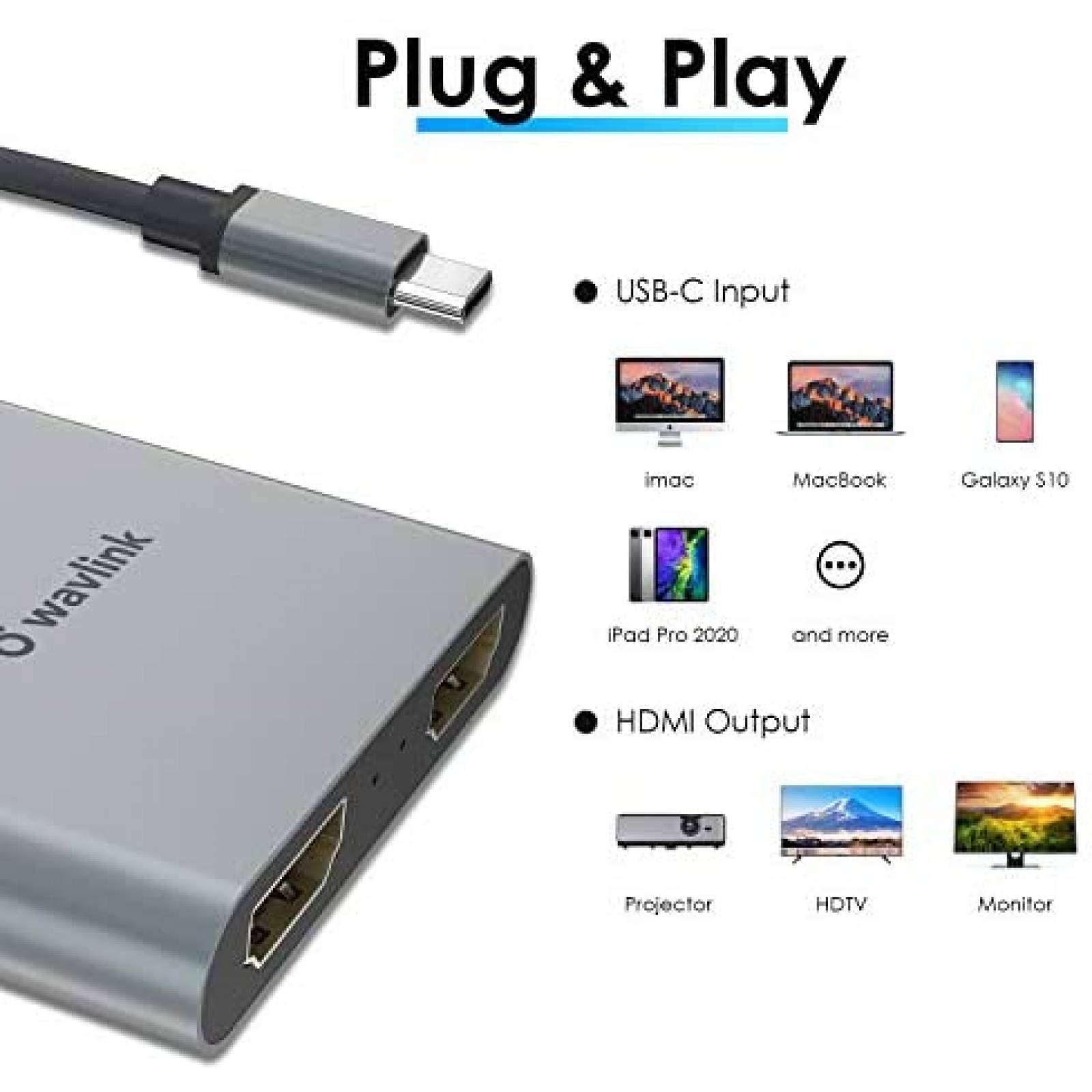 Adaptador WAVLINK USB C a 2 HDMI Hembra 4K60Hz -Gris