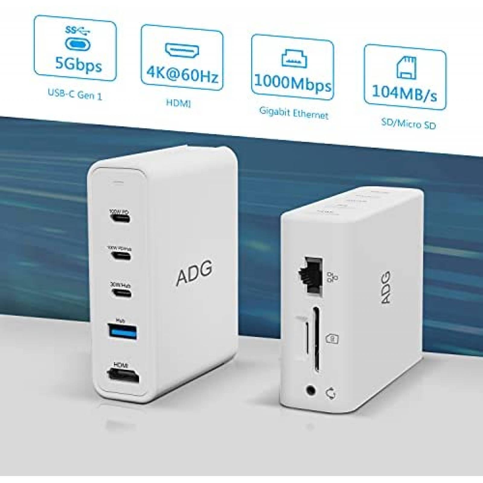 Estacion de carga ADG 9-en-1 100W GaN QC 3.0 PD USB-C Hub