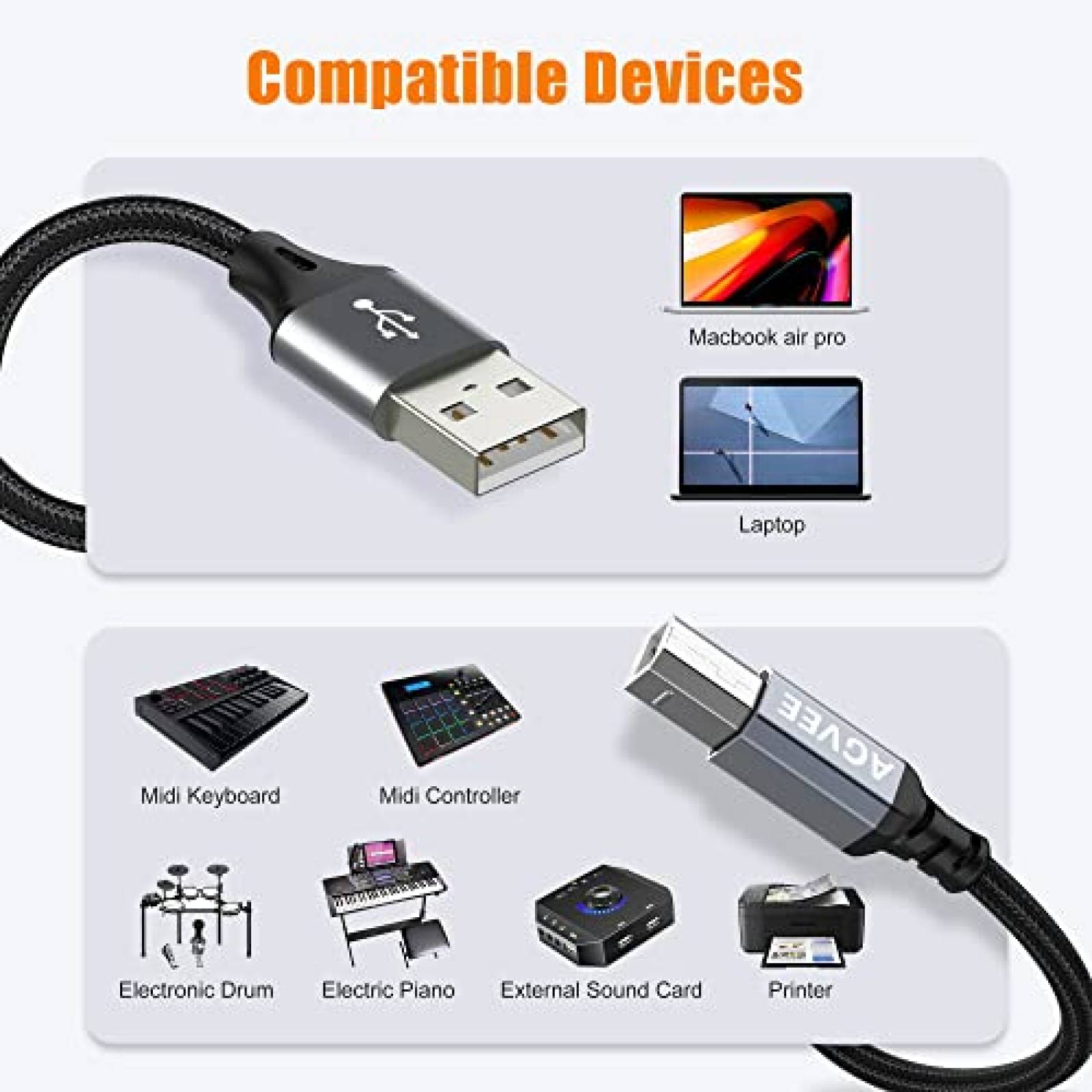 Cable USB MIDI AGVEE BB2A-GBB22 2 unidades 6.6 pies Teclado