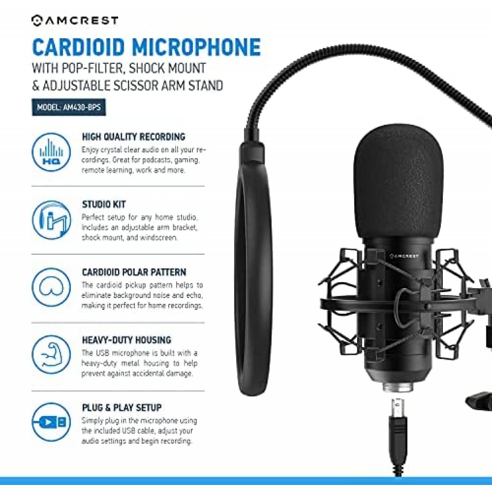 Microfono Amcrest AM430-BPS con Filtro Pop y Soporte -Negro