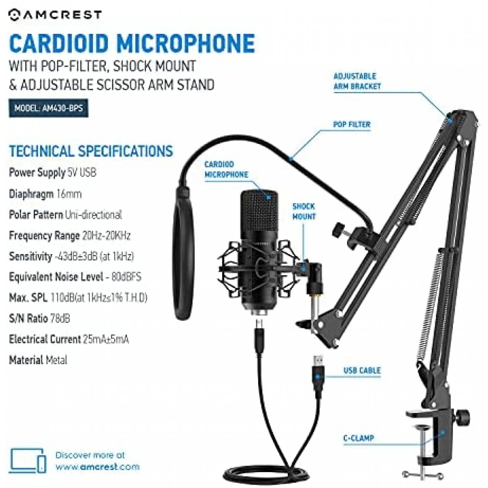 Microfono Amcrest AM430-BPS con Filtro Pop y Soporte -Negro