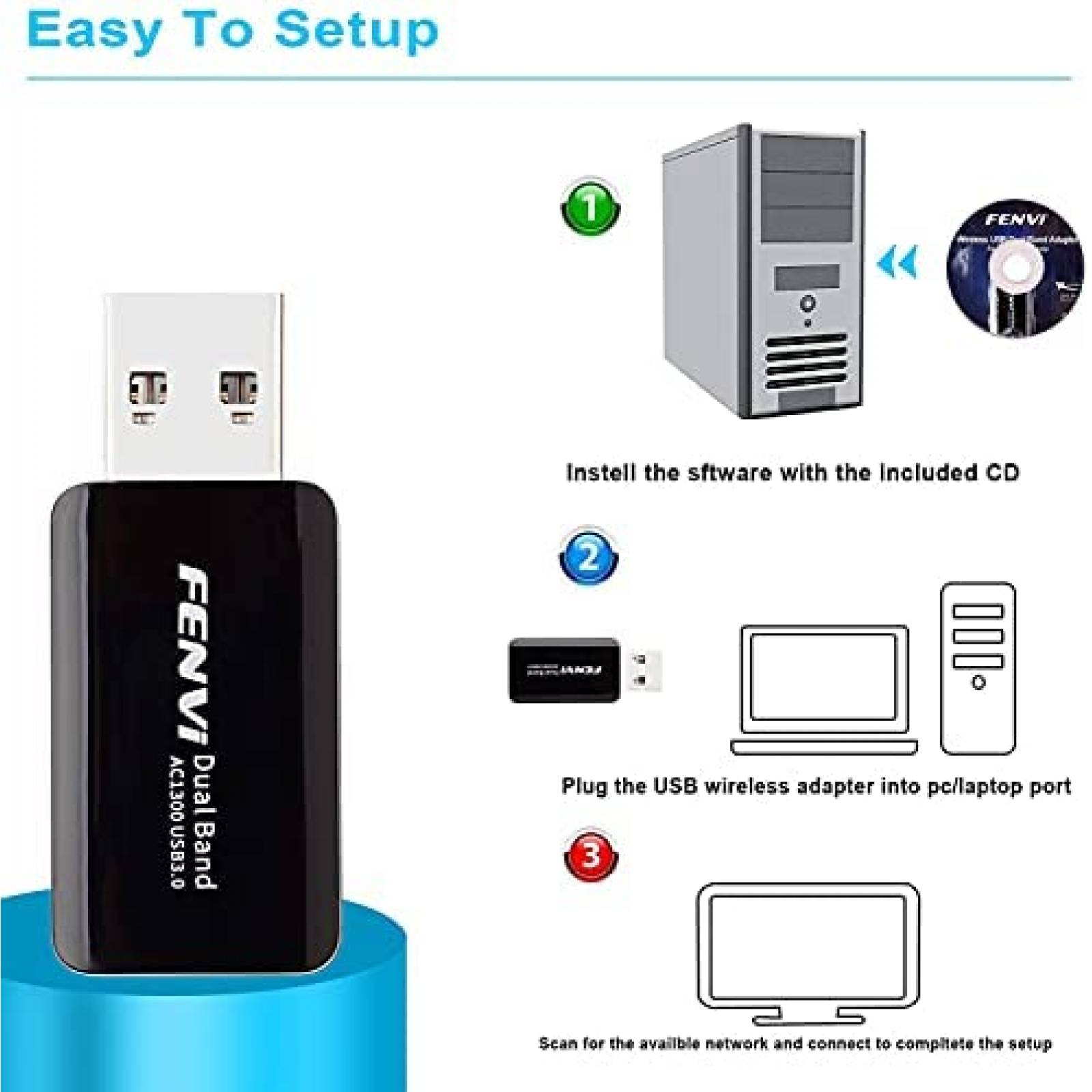 Adaptador WiFi F FENVI Gigabit USB 3.0 de 1300 Mbps 2.4 GHz