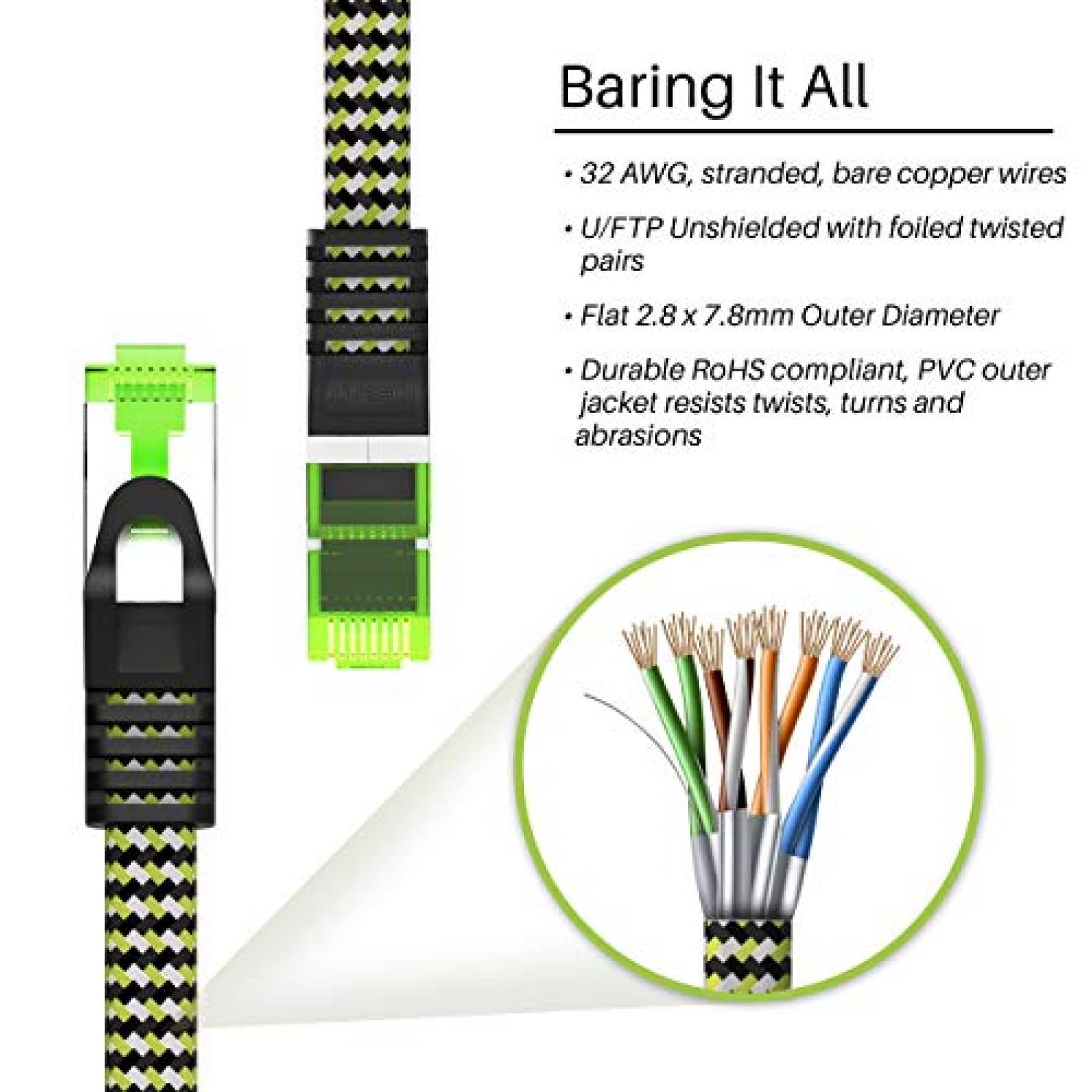 Cable de ethernet GearIT Cat7 100ft 32AWG de nylon -Verde