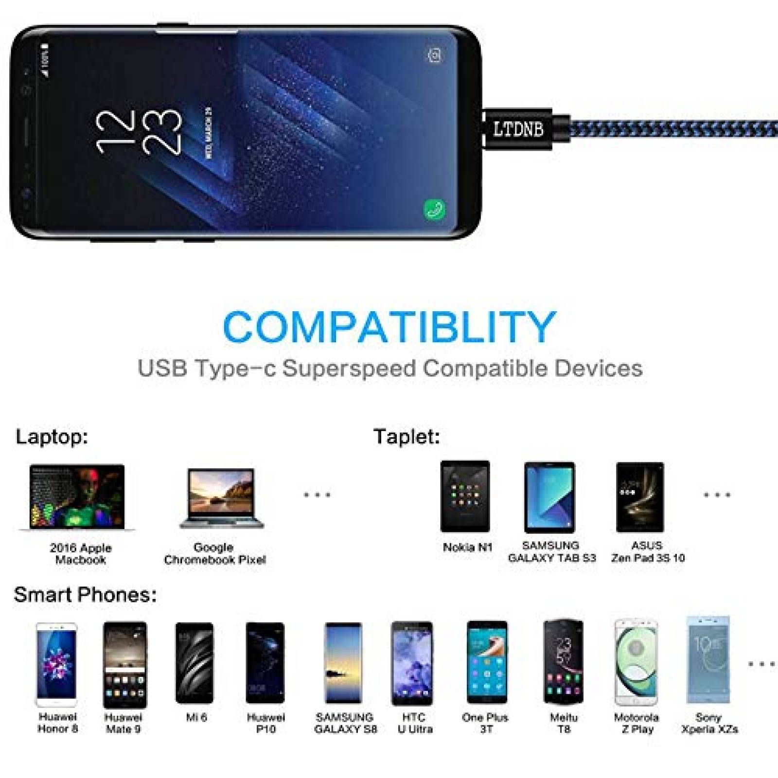 Cable LTDNB 3 Pzs 3ft 6ft Compatible Con Galaxy S10 -Azul
