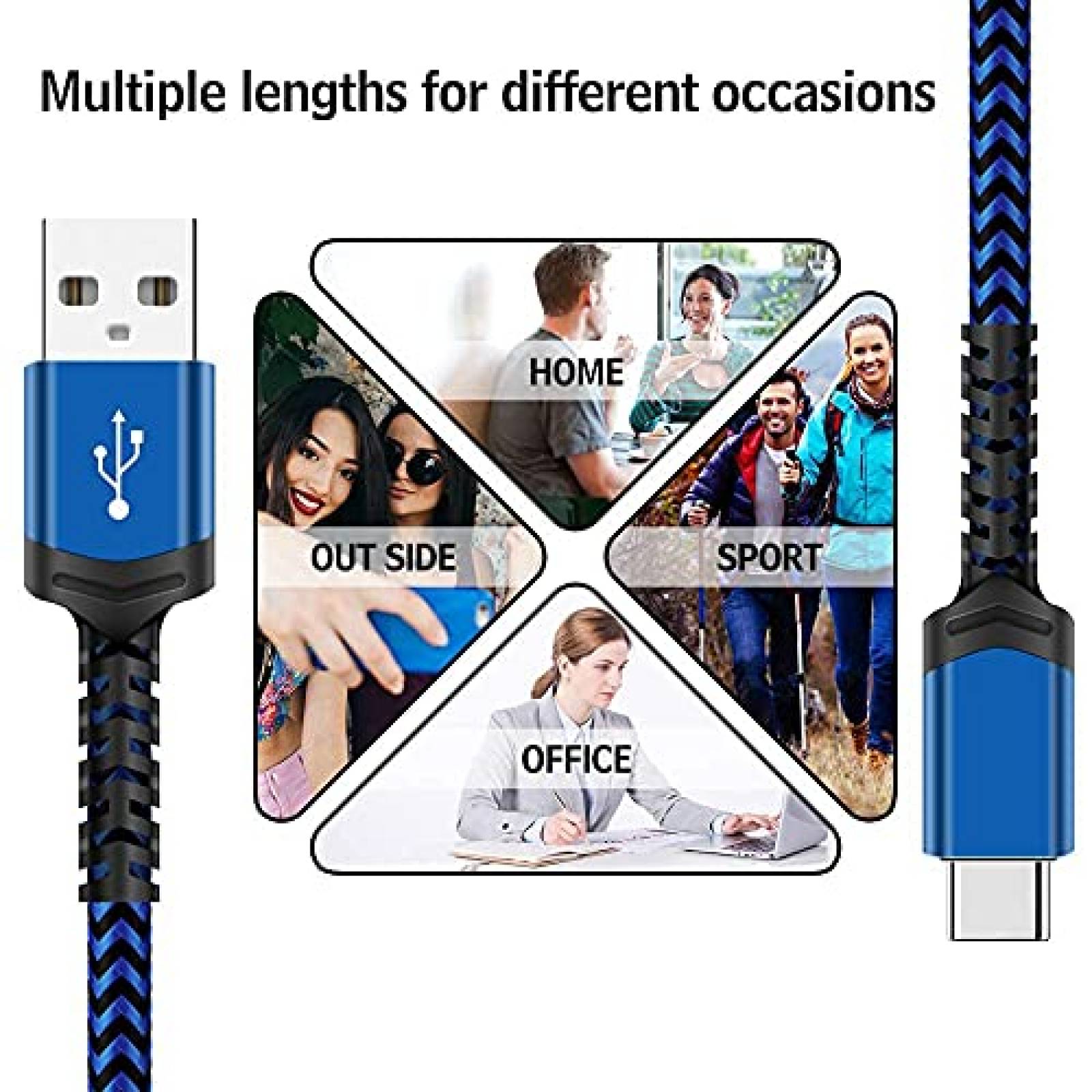 Cable USB AIOXQNL& USB C 5 Pzs 3/3/6/6/10 Pies -Azul