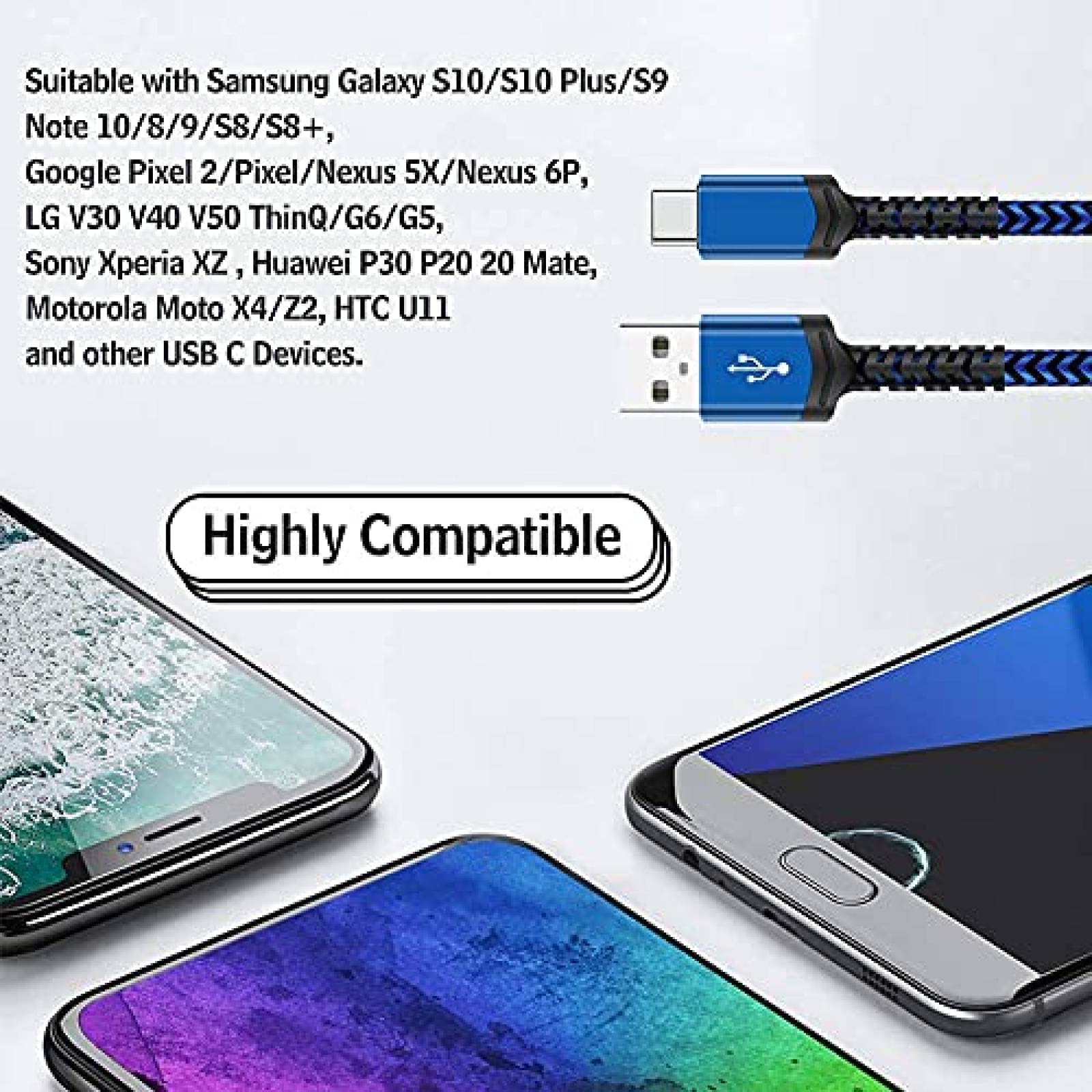 Cable USB AIOXQNL& USB C 5 Pzs 3/3/6/6/10 Pies -Azul