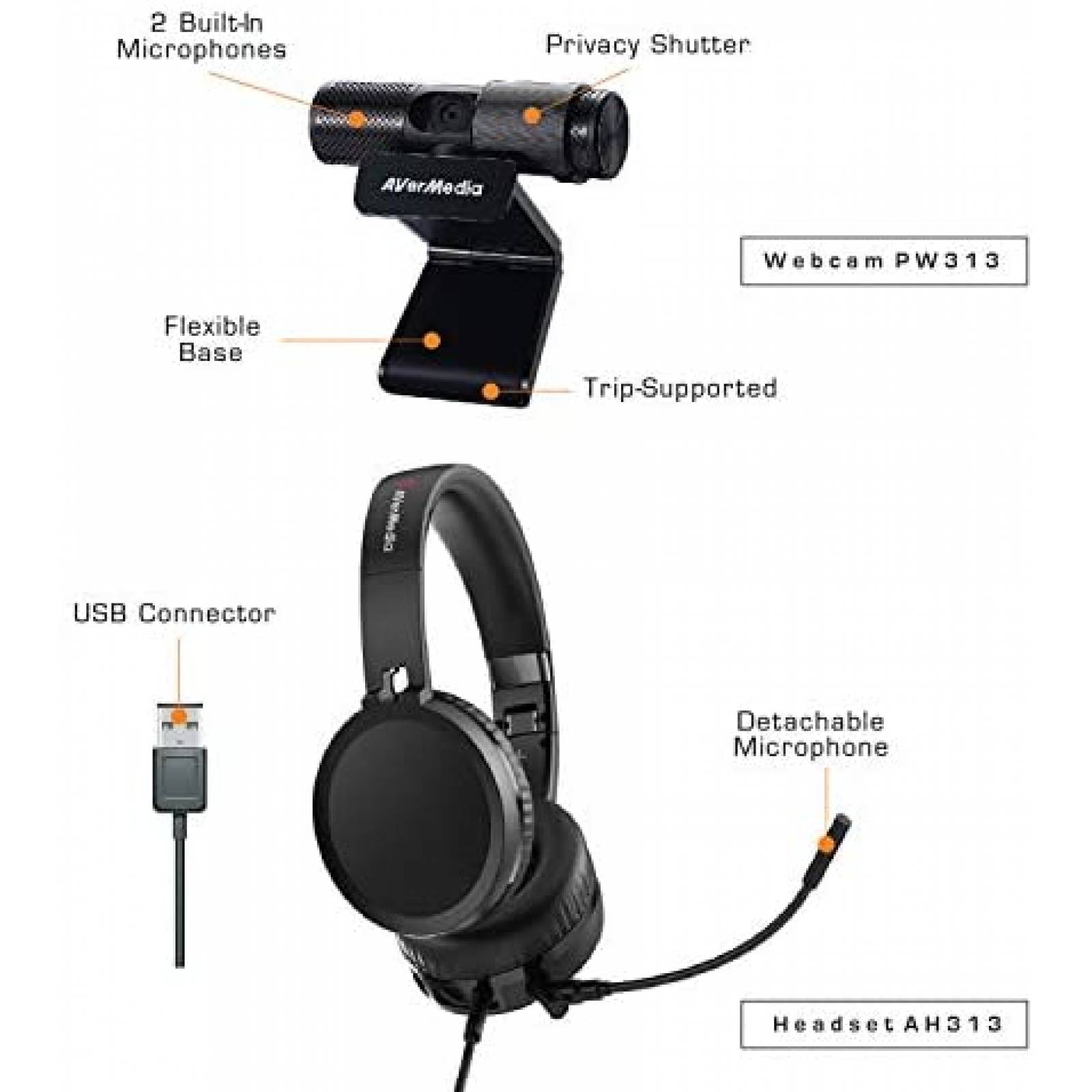 Camara Web AVerMedia Incluye Audifonos Gamer -Negro