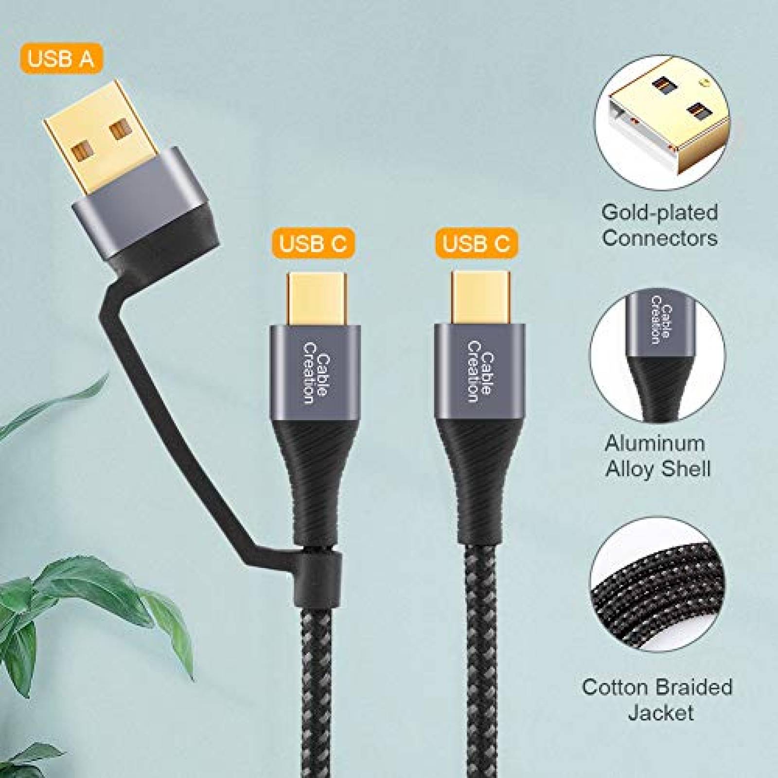 Cable Cargador 2 en 1 CableCreation USB C-USB C/USB 2M -Gris