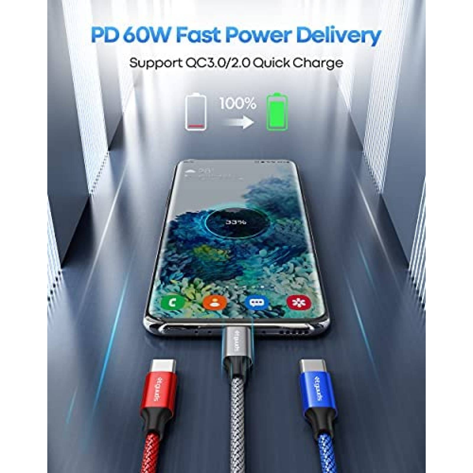 Cable Cargador etguuds USB C a USB C 3 Pies 3 Pzs -3 Colores