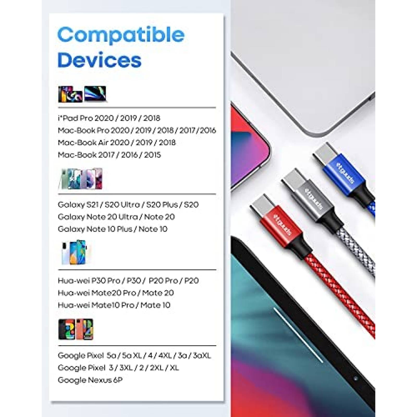 Cable Cargador etguuds USB C a USB C 3 Pies 3 Pzs -3 Colores