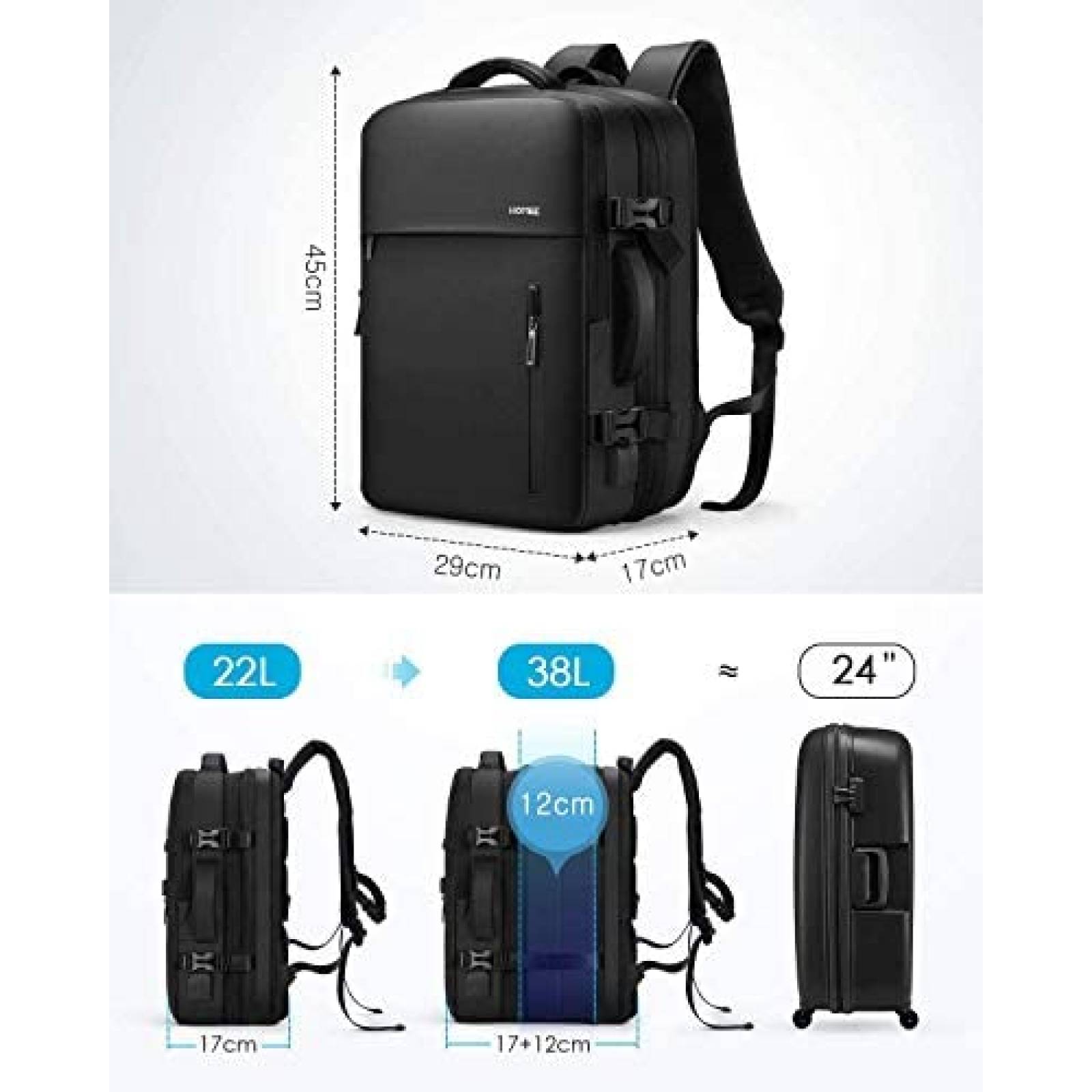 Mochila HOMIEE 15.6'' Unisex 38L Versatil Ajustable -Negro