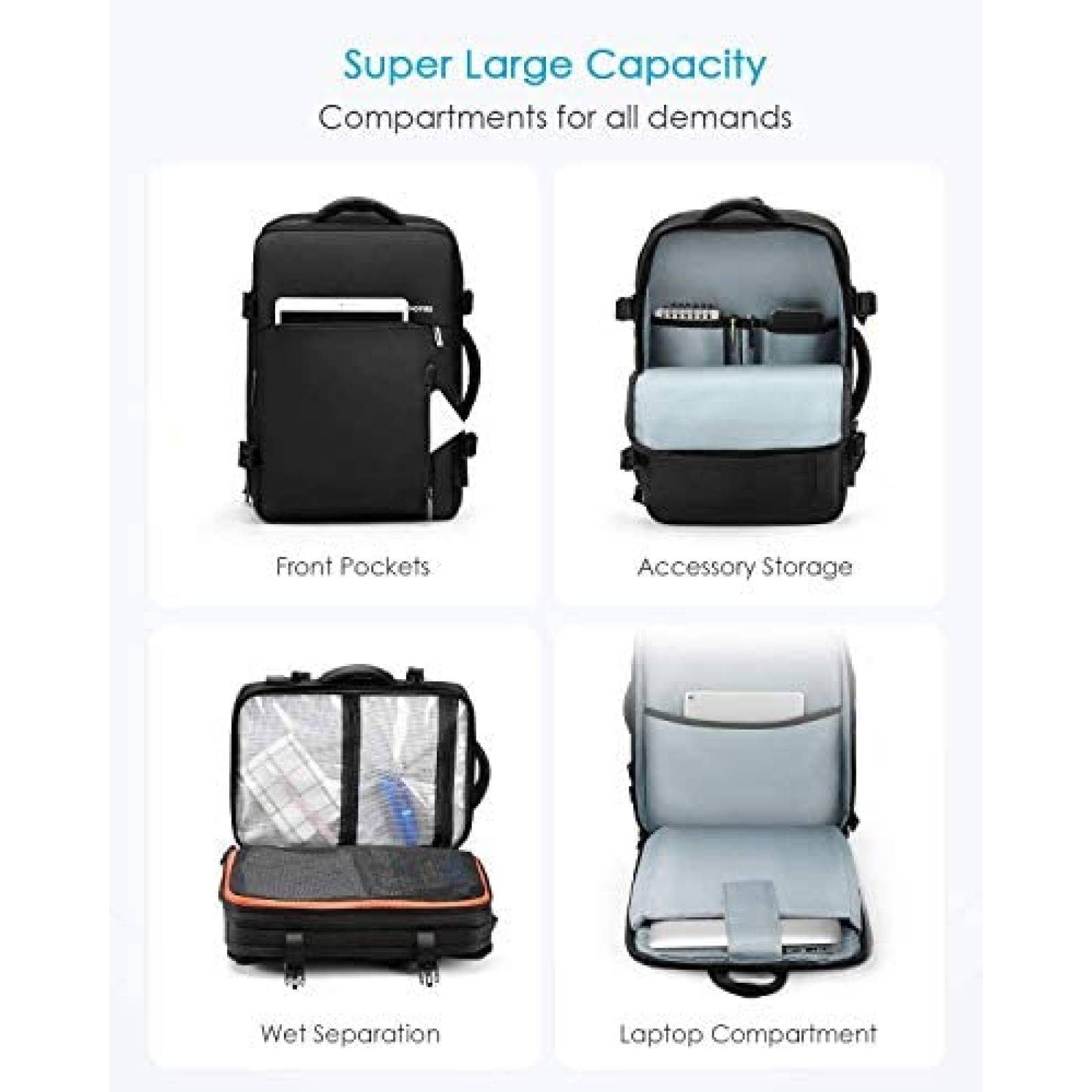 Mochila HOMIEE 15.6'' Unisex 38L Versatil Ajustable -Negro