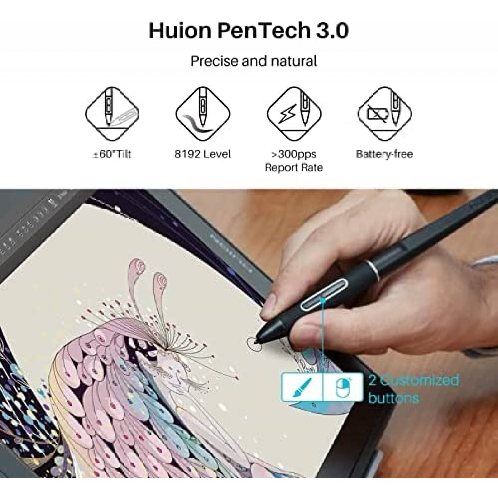 Tablet Grafica HUION Kamvas Pro 16 2.5K QHD y Cable USB-C 1m
