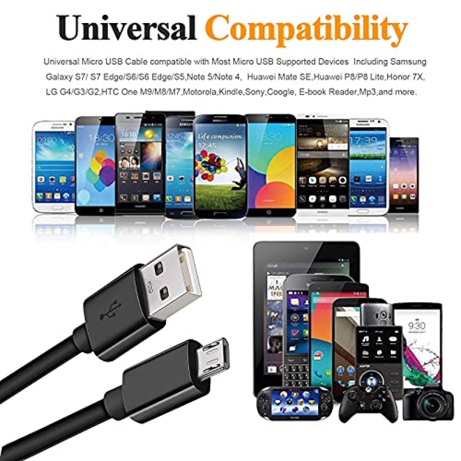 Cable Cargador KAHEAUM USB a Micro USB de 10 Pies -Negro