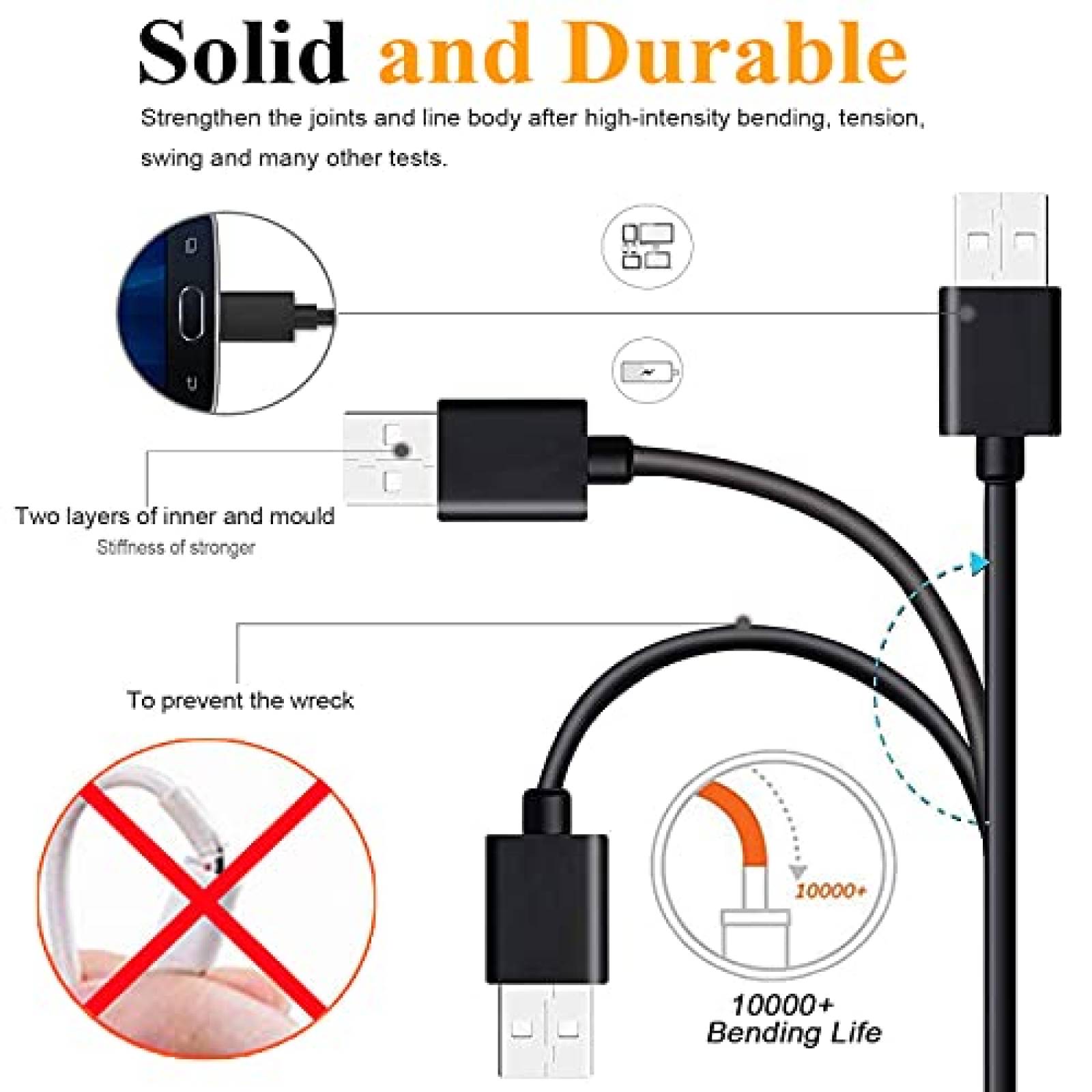 Cable Cargador KAHEAUM USB a Micro USB de 10 Pies -Negro