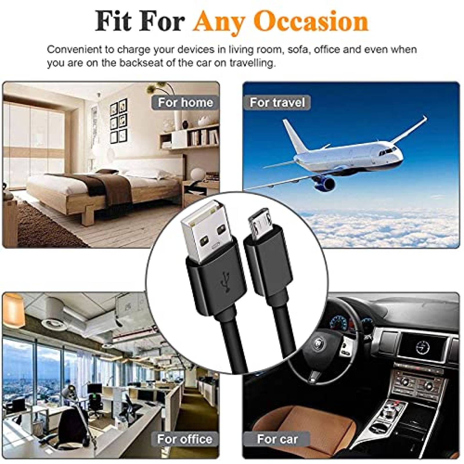 Cable Cargador KAHEAUM USB a Micro USB de 10 Pies -Negro