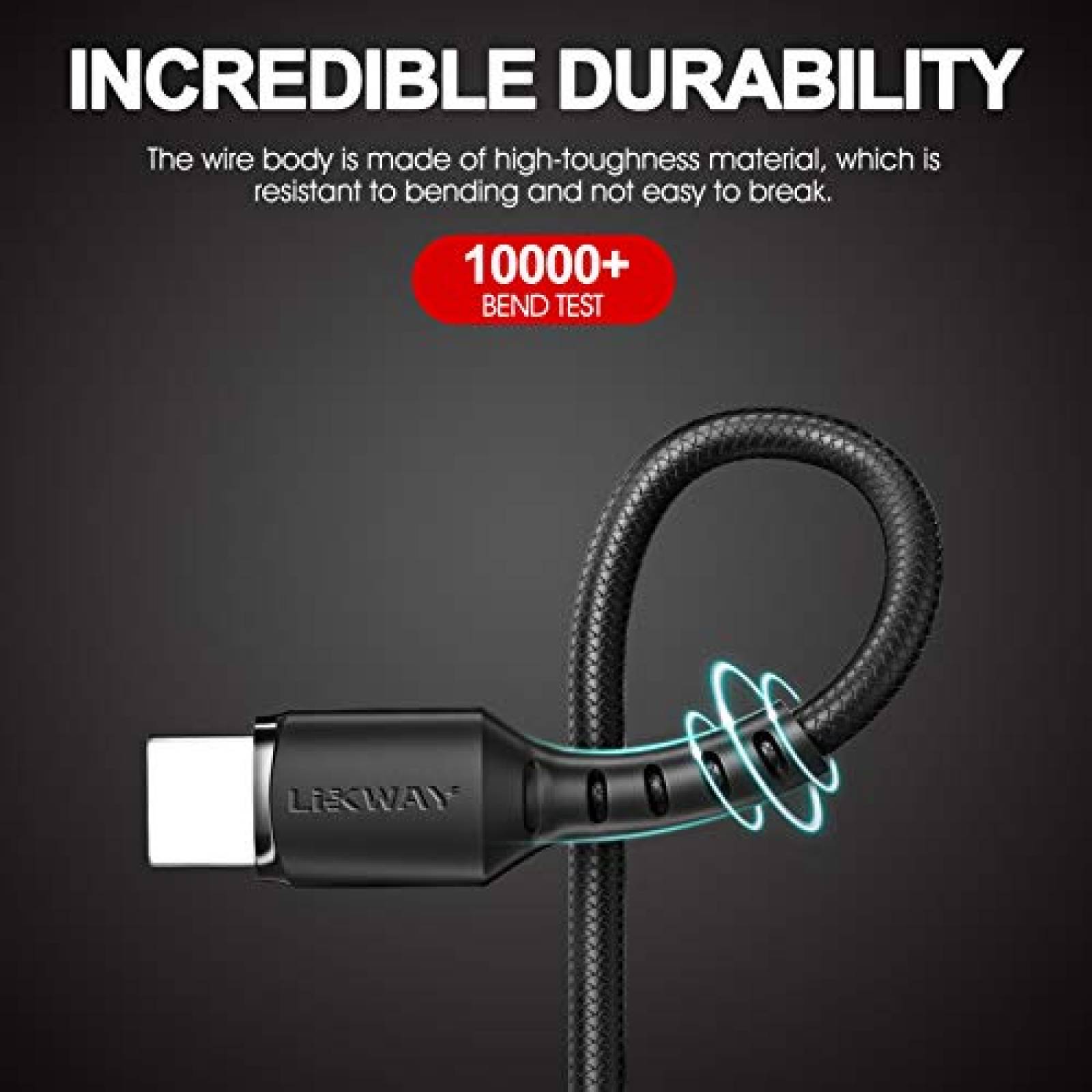 Paquete Cable Cargador LIKWAY 3pzas 10ft USB-A a USB-C