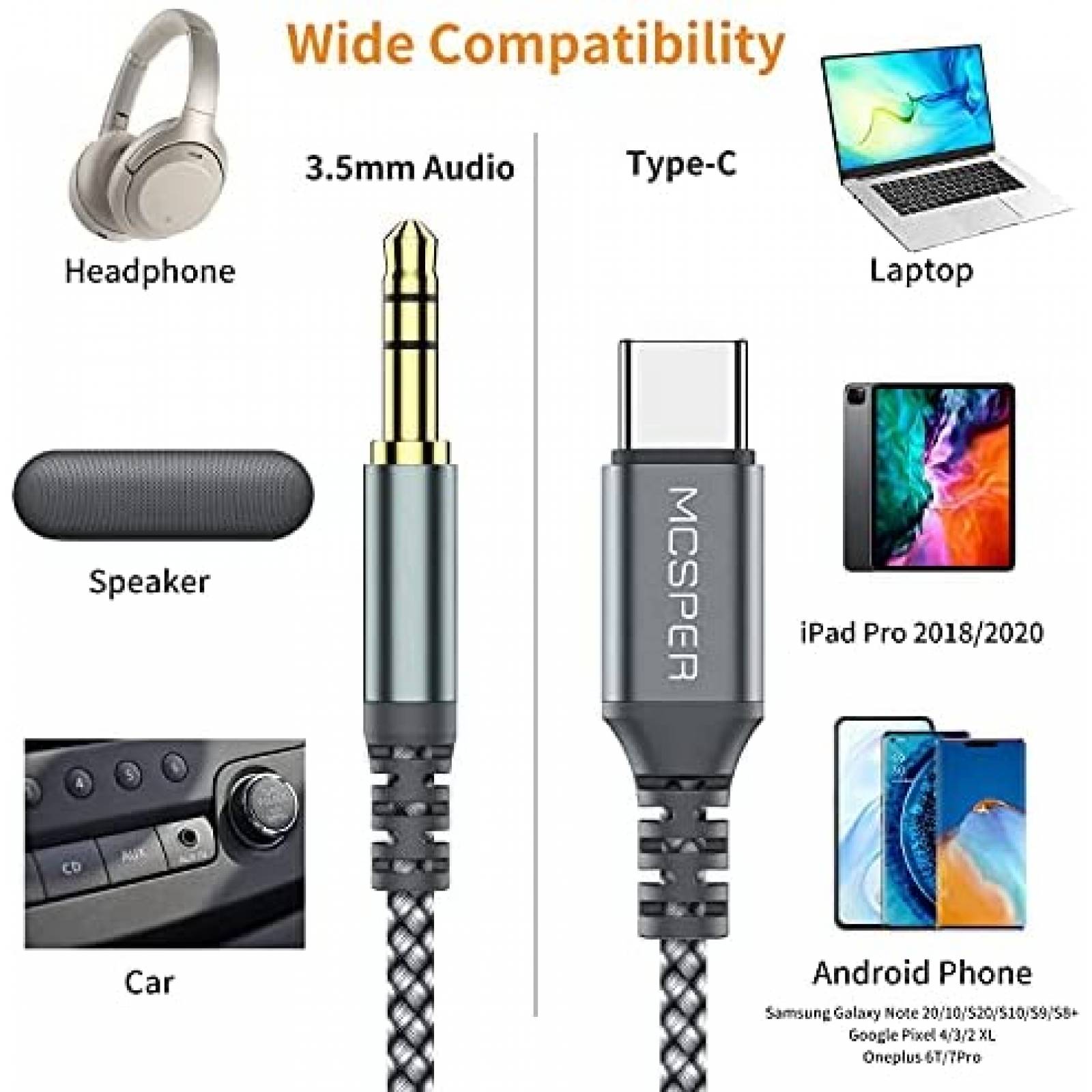 Cable MCSPER De Audio USB C a Jack 3.5mm 3.3 FT -Negro