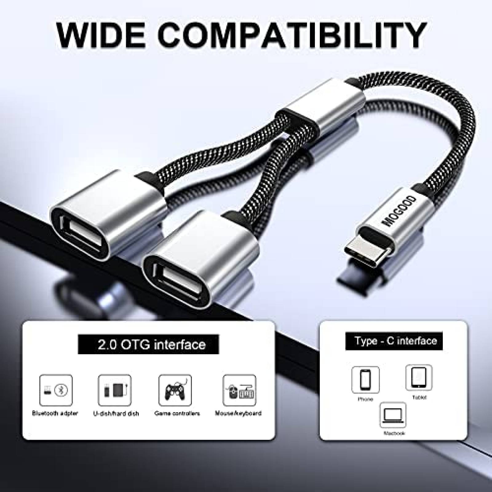 Cable MOGOOD Adaptador USB C a Doble USB A Hembra -Plateado