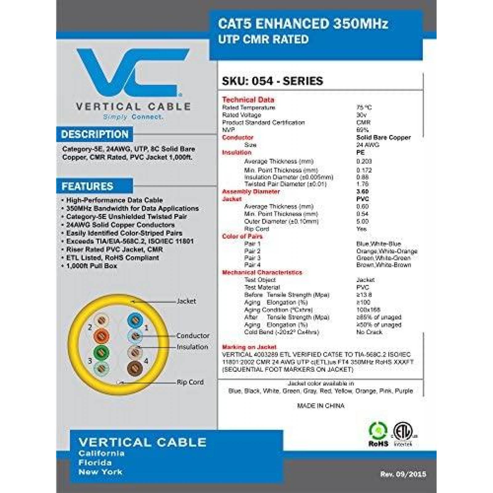 Cable Ethernet VC Vertical Cable Cat5e 350MHz UTP -Azul