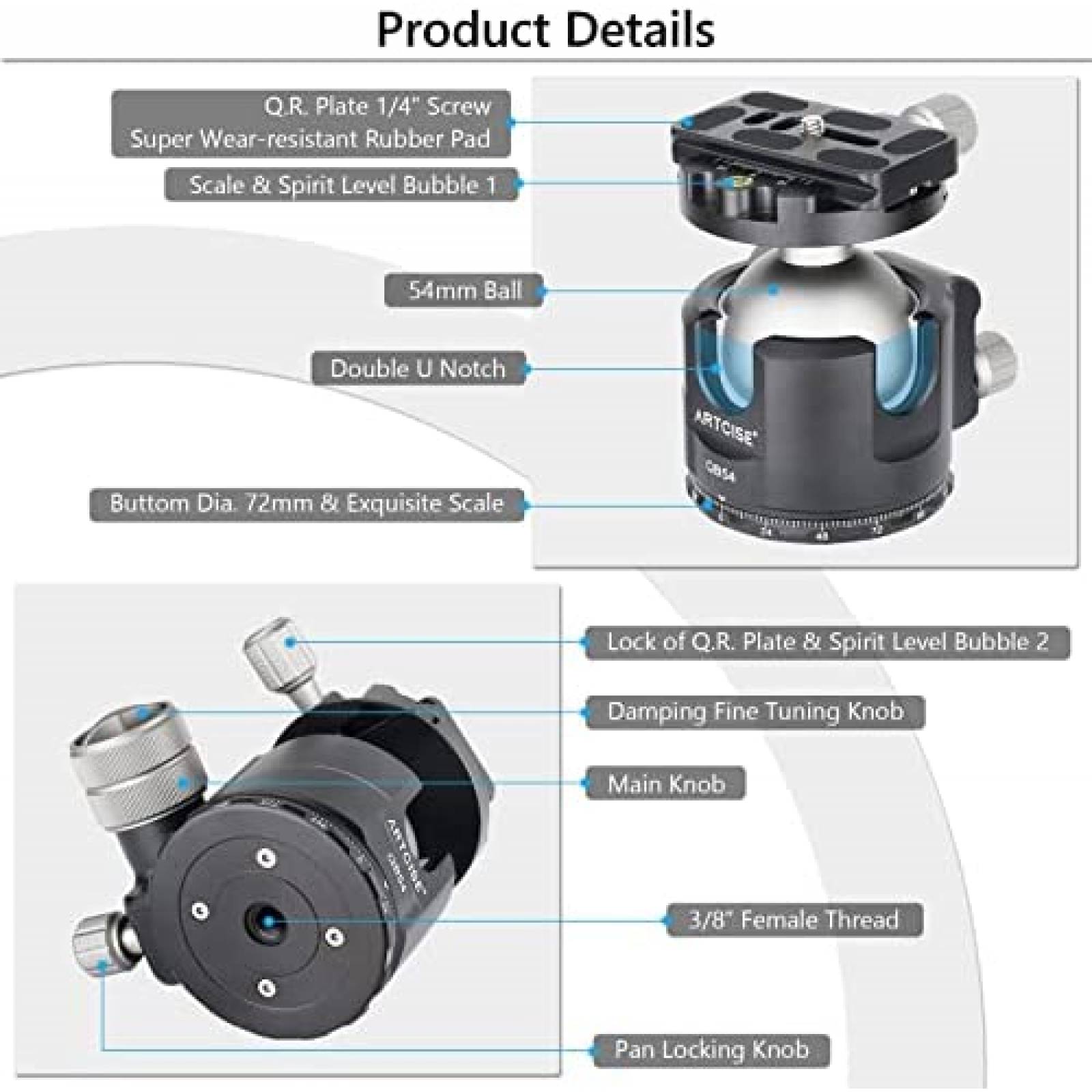 Cabeza para tripoide ARTCISE 54mm vista 360 -Plateado