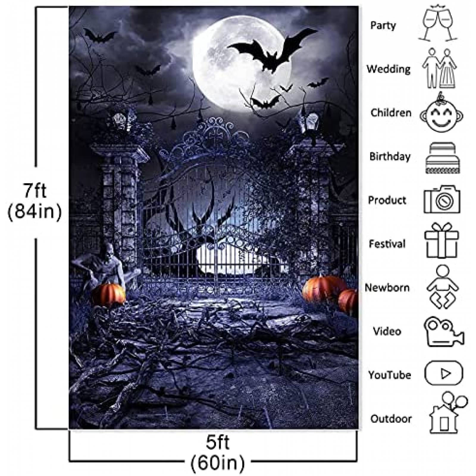 Telon de Fondo Avezano Cementerio Halloween 5x7ft -Negro