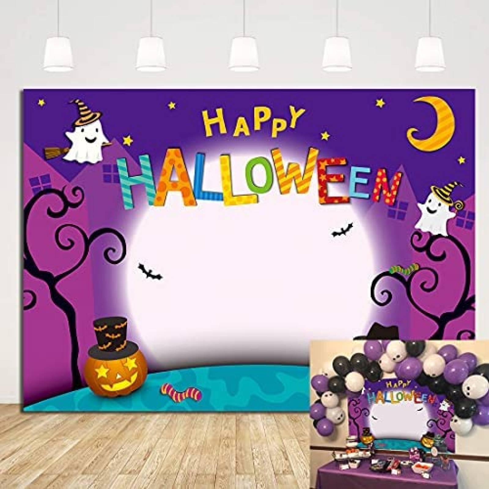 Telon de Fondo Cenven Feliz Halloween 7x5ft -Morado
