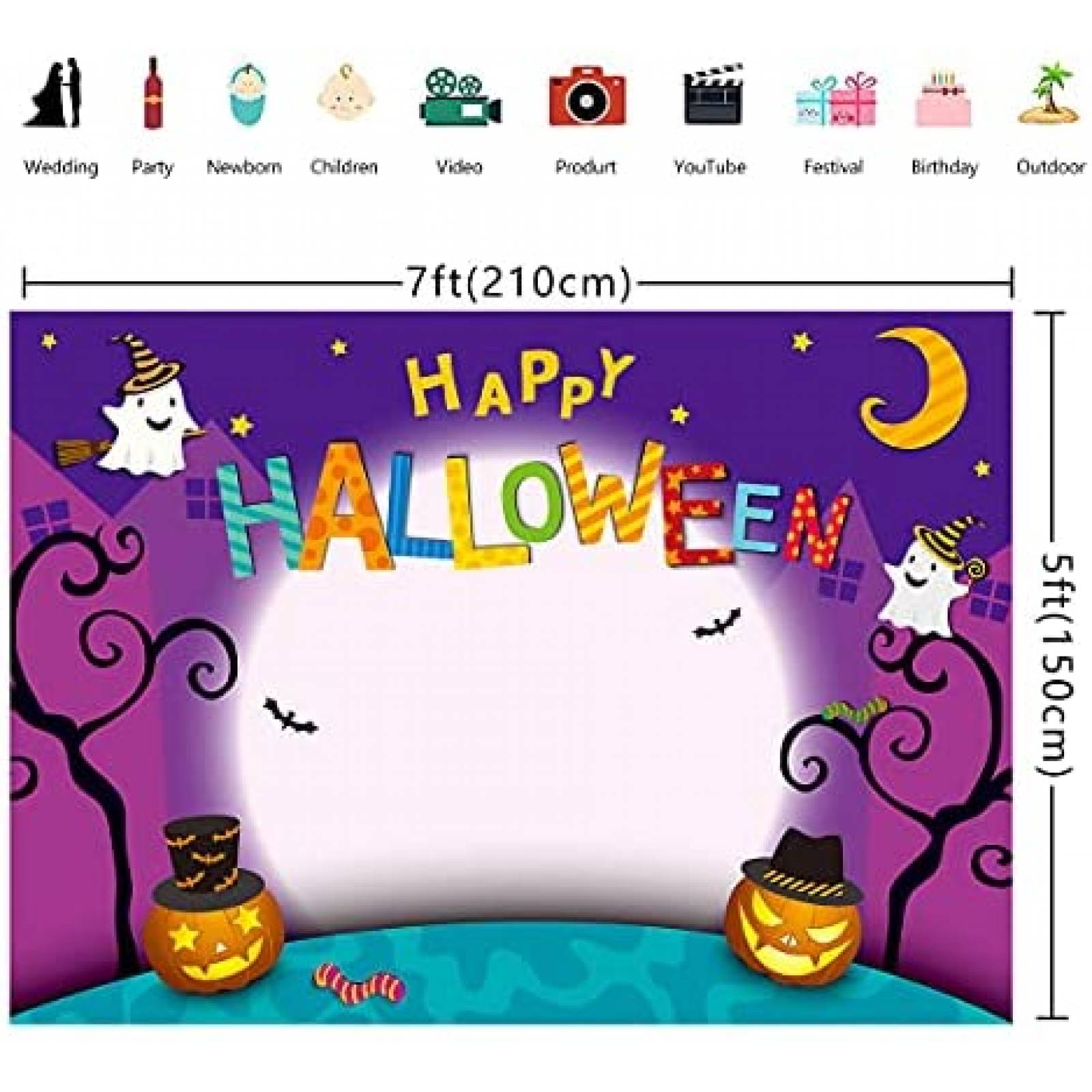 Telon de Fondo Cenven Feliz Halloween 7x5ft -Morado