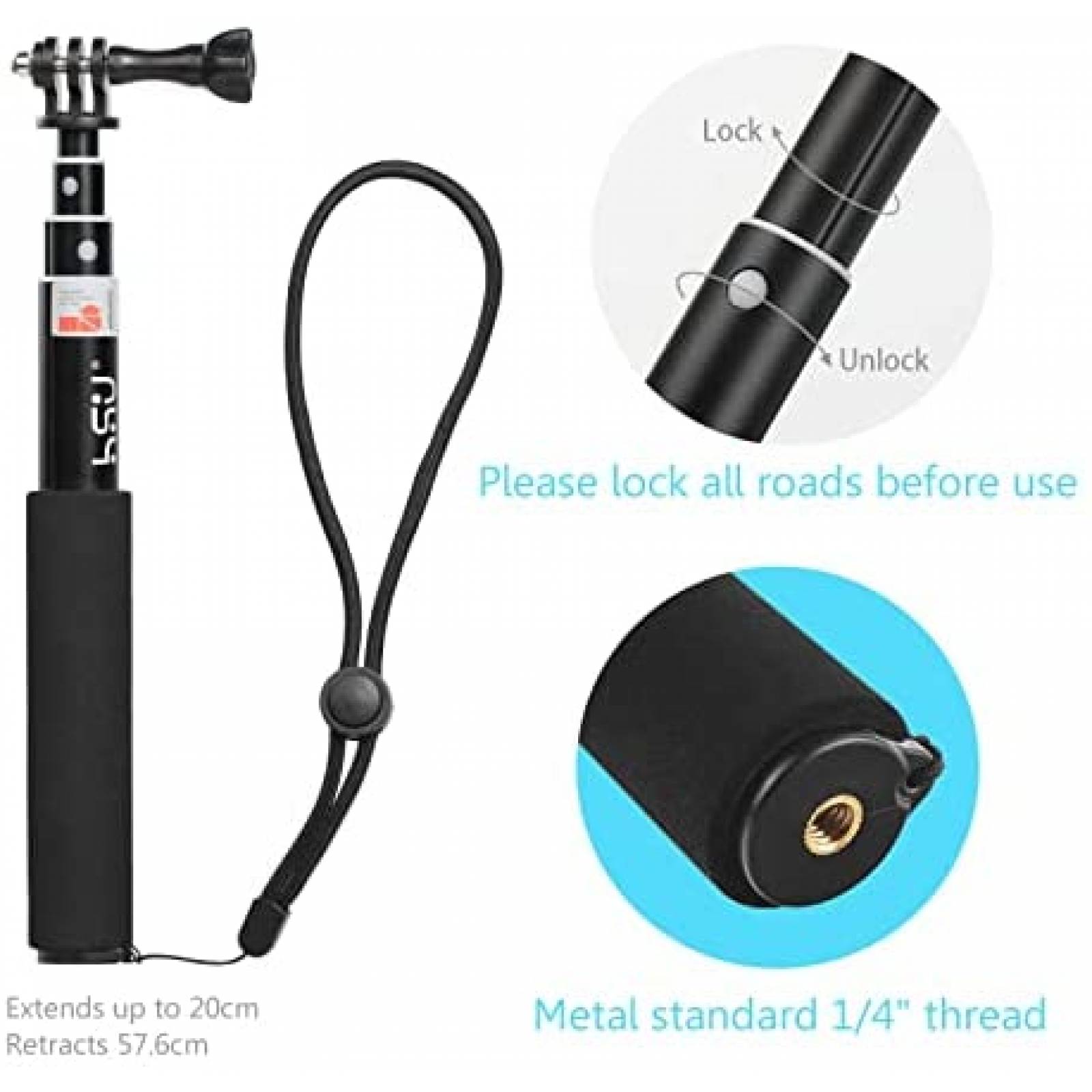 Palo extensible para selfies HSU para GoPro Hero -Negro