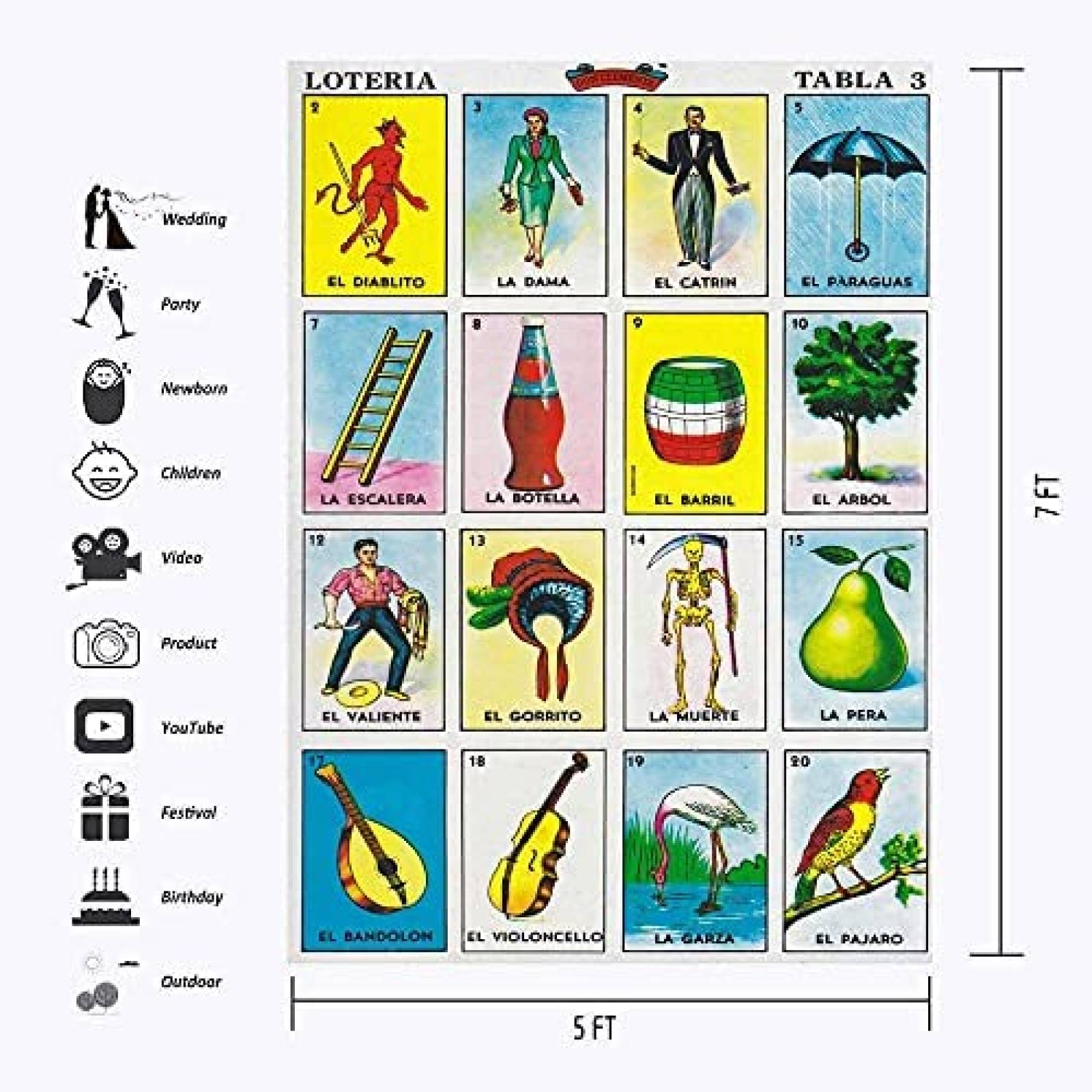 Telon de Fondo JMING Loteria 5x7ft de Vinilo -Multicolor
