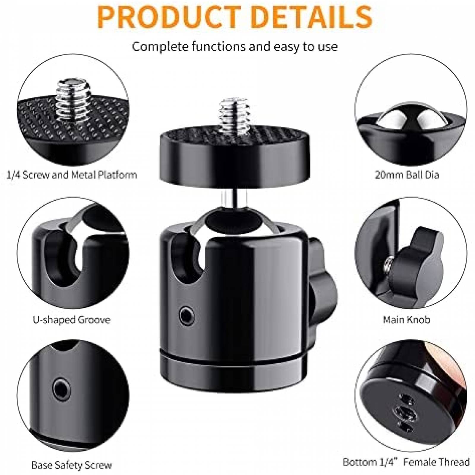 Koolehaoda Minicabezal Esférico Para Trípode – Rosca 1/4″, Carga 3kg, Giratorio 360° Y Construcción De Aluminio – Ligero Y Compacto